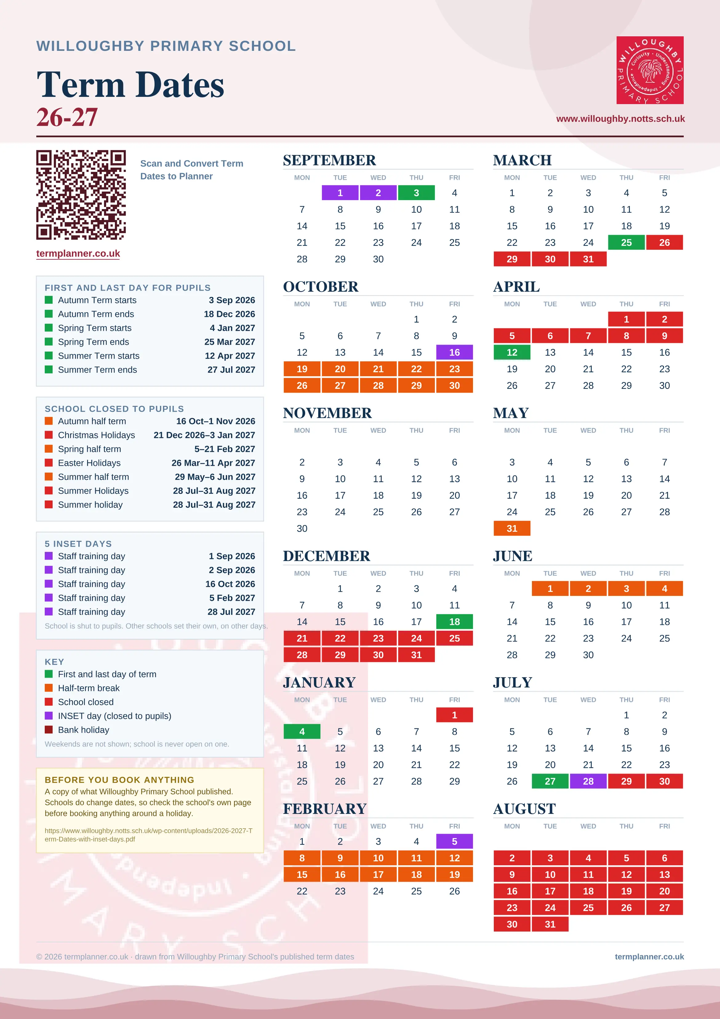 Willoughby Primary School’s 2026/27 school year drawn as one sheet: twelve month grids from September to August, Monday to Friday, with autumn term 3 September to 18 December 2026, spring term 4 January to 25 March 2027, summer term 12 April to 27 July 2027. Half terms, holidays and bank holidays are filled in colour, the first and last day of each term is marked, 5 INSET days are picked out, and every date is listed again in words down the left.