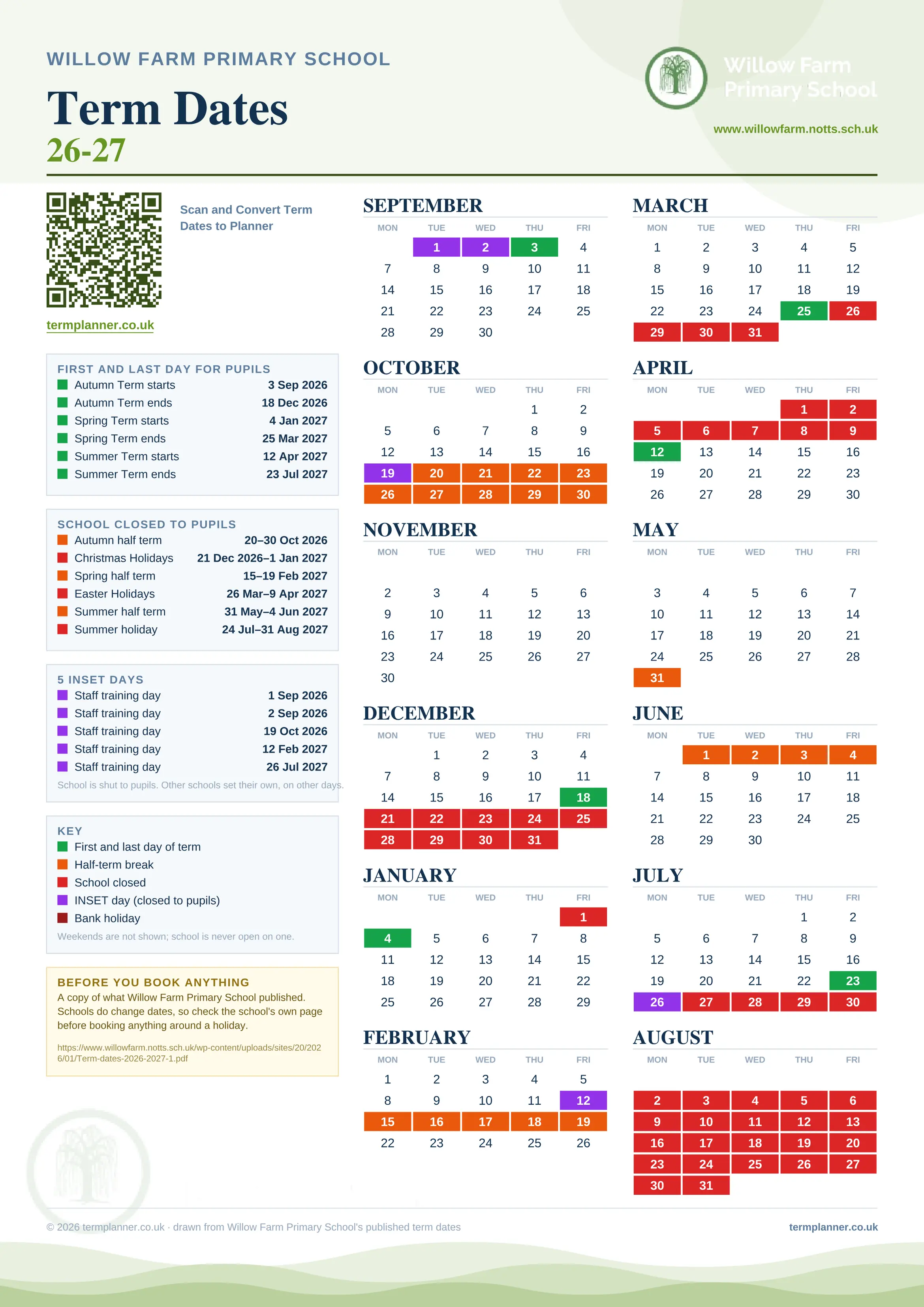 Willow Farm Primary School’s 2026/27 school year drawn as one sheet: twelve month grids from September to August, Monday to Friday, with autumn term 3 September to 18 December 2026, spring term 4 January to 25 March 2027, summer term 12 April to 23 July 2027. Half terms, holidays and bank holidays are filled in colour, the first and last day of each term is marked, 5 INSET days are picked out, and every date is listed again in words down the left.