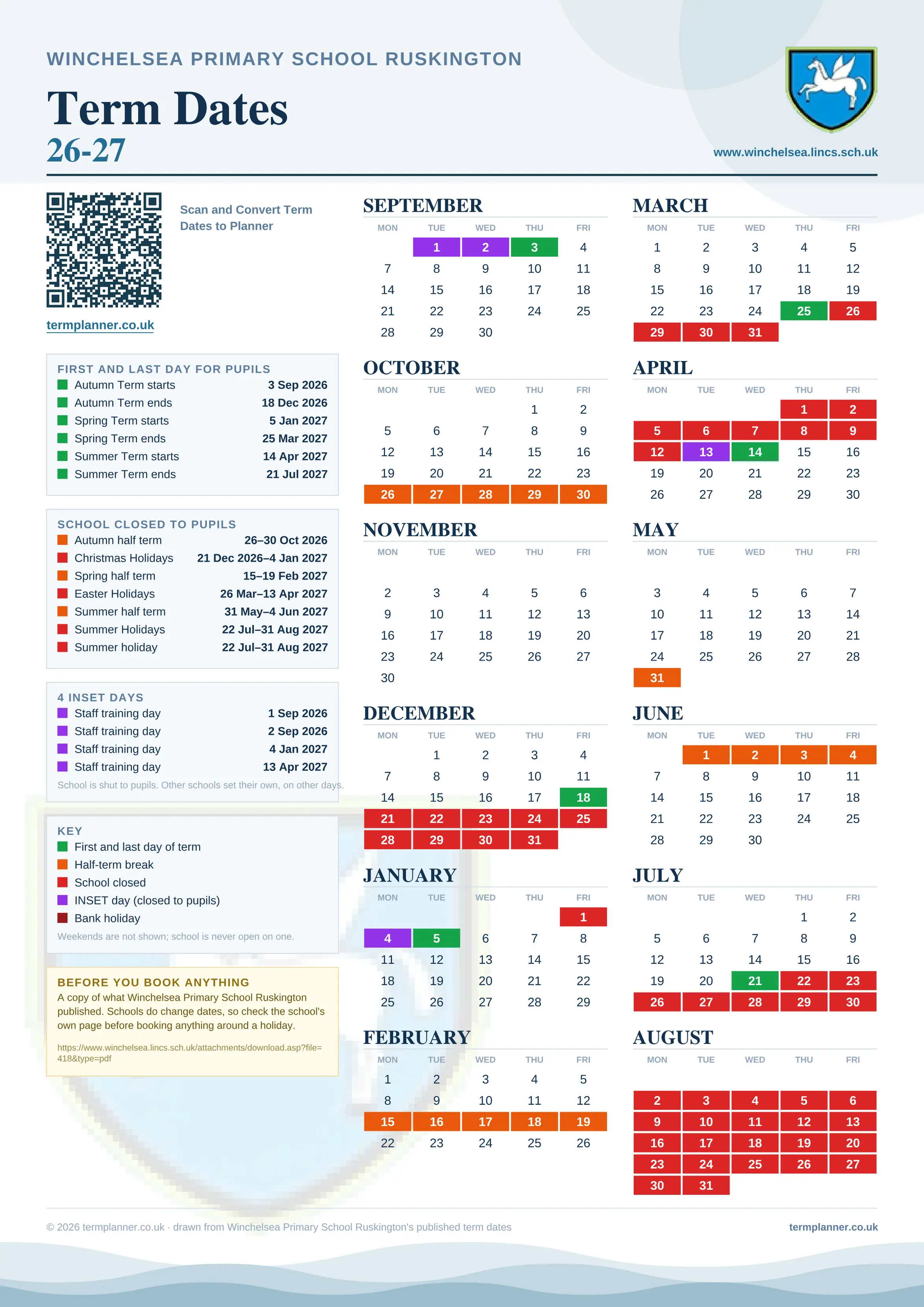 Winchelsea Primary School Ruskington’s 2026/27 school year drawn as one sheet: twelve month grids from September to August, Monday to Friday, with autumn term 3 September to 18 December 2026, spring term 5 January to 25 March 2027, summer term 14 April to 21 July 2027. Half terms, holidays and bank holidays are filled in colour, the first and last day of each term is marked, 4 INSET days are picked out, and every date is listed again in words down the left.