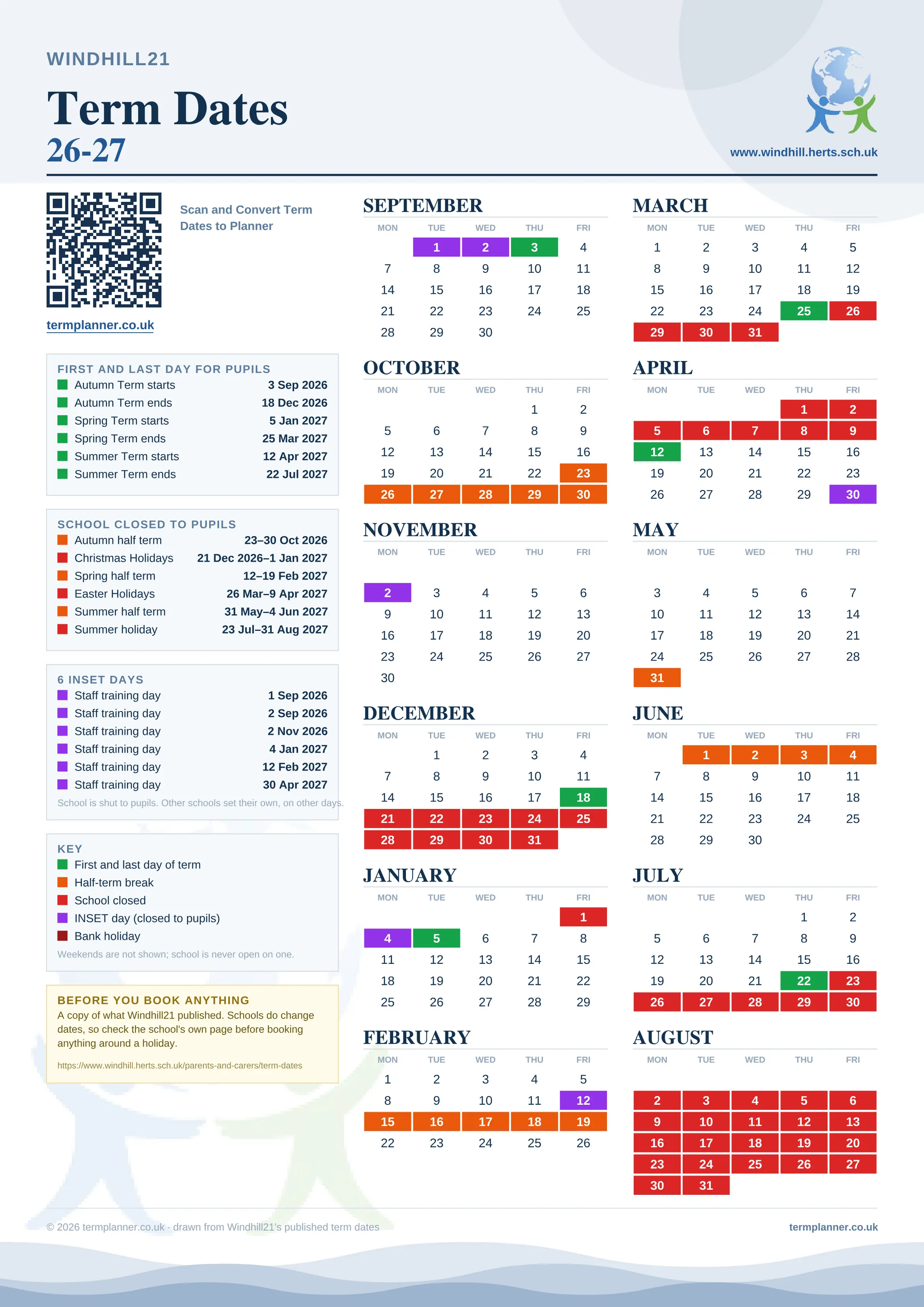 Windhill21’s 2026/27 school year drawn as one sheet: twelve month grids from September to August, Monday to Friday, with autumn term 3 September to 18 December 2026, spring term 5 January to 25 March 2027, summer term 12 April to 22 July 2027. Half terms, holidays and bank holidays are filled in colour, the first and last day of each term is marked, 6 INSET days are picked out, and every date is listed again in words down the left.