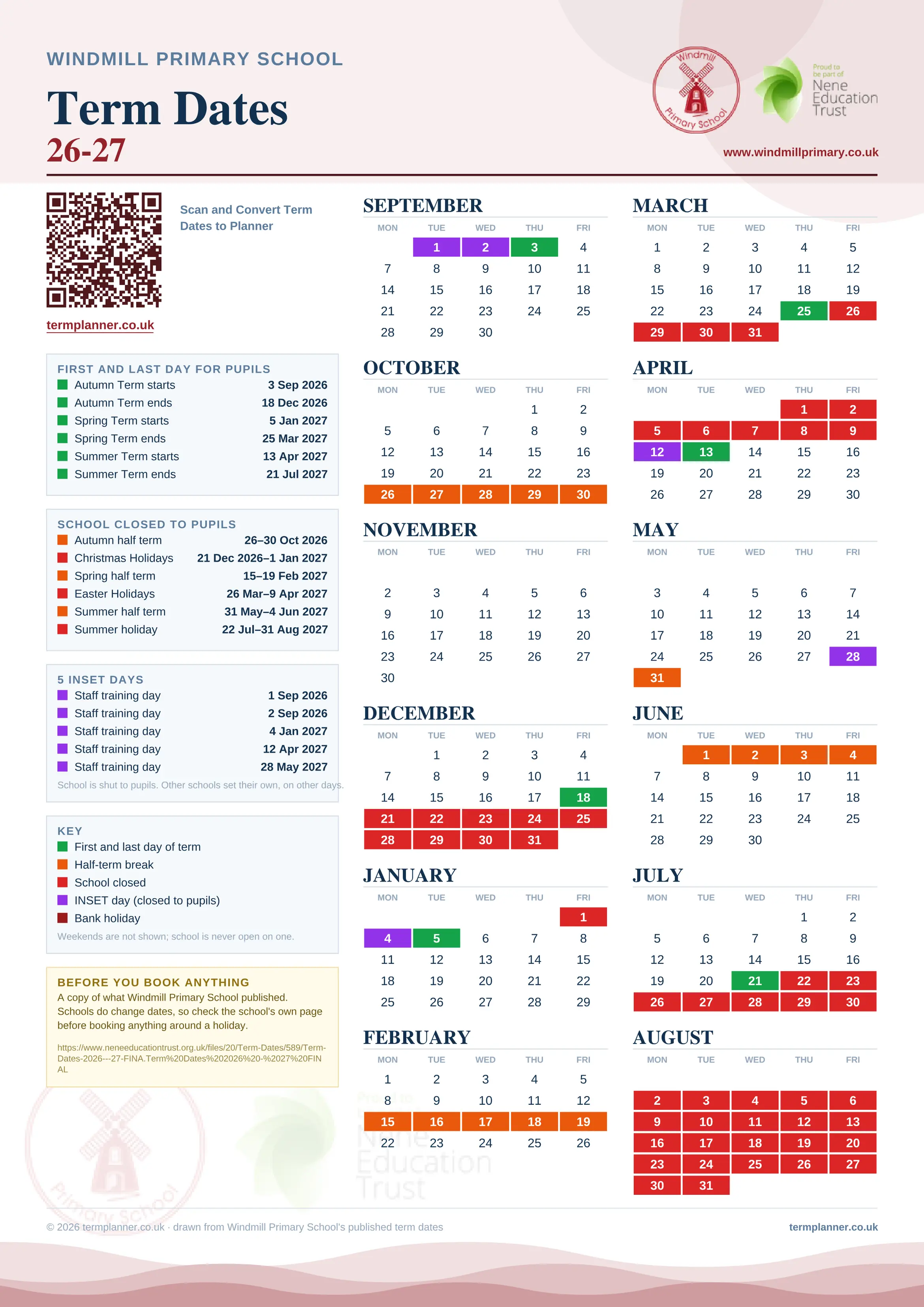 Windmill Primary School’s 2026/27 school year drawn as one sheet: twelve month grids from September to August, Monday to Friday, with autumn term 3 September to 18 December 2026, spring term 5 January to 25 March 2027, summer term 13 April to 21 July 2027. Half terms, holidays and bank holidays are filled in colour, the first and last day of each term is marked, 5 INSET days are picked out, and every date is listed again in words down the left.