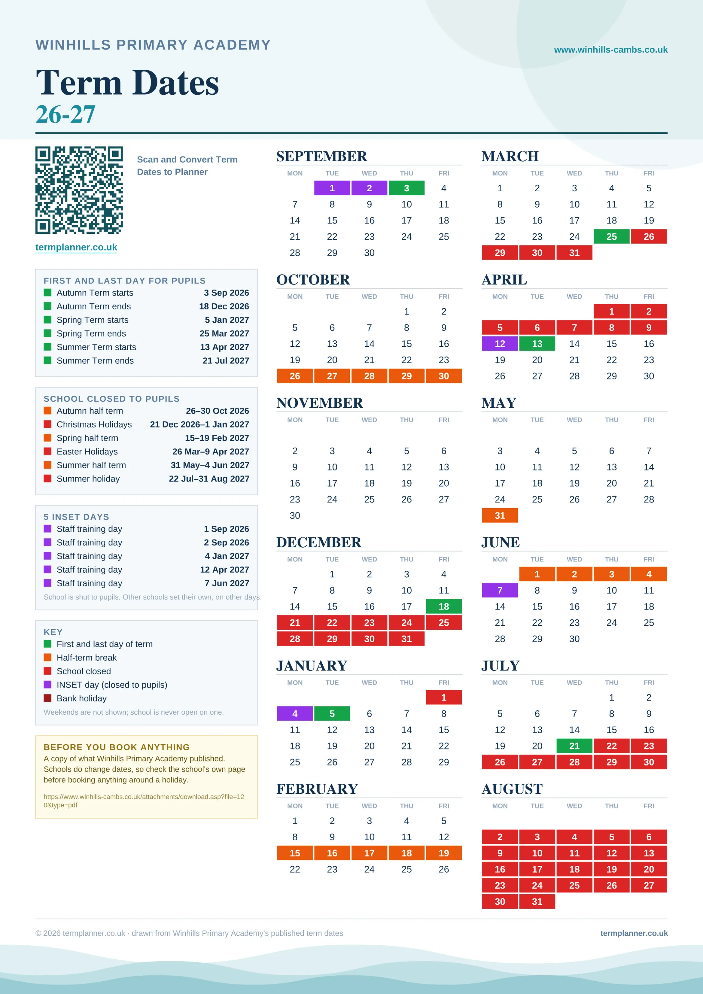 Winhills Primary Academy’s 2026/27 school year drawn as one sheet: twelve month grids from September to August, Monday to Friday, with autumn term 3 September to 18 December 2026, spring term 5 January to 25 March 2027, summer term 13 April to 21 July 2027. Half terms, holidays and bank holidays are filled in colour, the first and last day of each term is marked, 5 INSET days are picked out, and every date is listed again in words down the left.