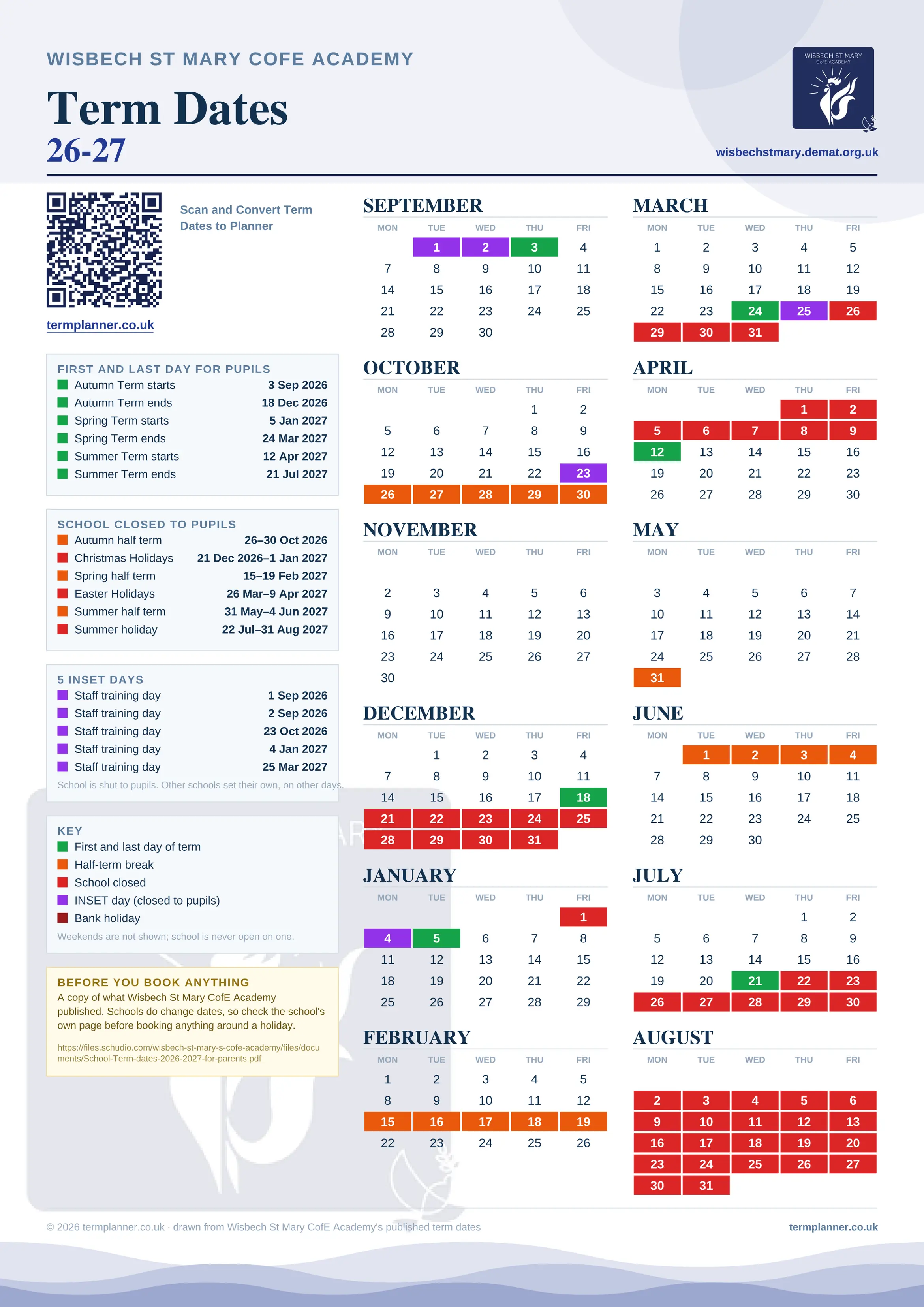 Wisbech St Mary CofE Academy’s 2026/27 school year drawn as one sheet: twelve month grids from September to August, Monday to Friday, with autumn term 3 September to 18 December 2026, spring term 5 January to 24 March 2027, summer term 12 April to 21 July 2027. Half terms, holidays and bank holidays are filled in colour, the first and last day of each term is marked, 5 INSET days are picked out, and every date is listed again in words down the left.