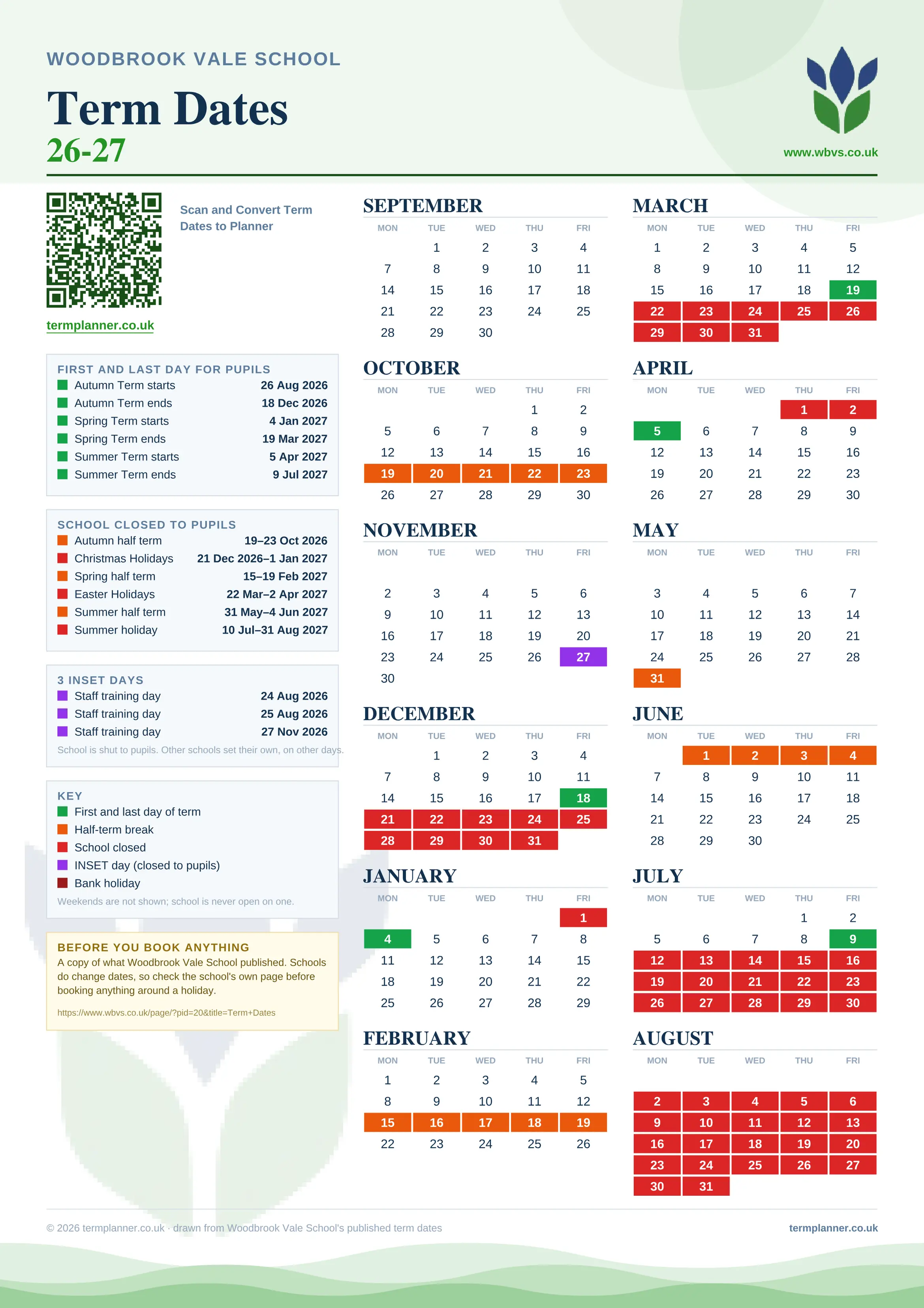 Woodbrook Vale School’s 2026/27 school year drawn as one sheet: twelve month grids from September to August, Monday to Friday, with autumn term 26 August to 18 December 2026, spring term 4 January to 19 March 2027, summer term 5 April to 9 July 2027. Half terms, holidays and bank holidays are filled in colour, the first and last day of each term is marked, 3 INSET days are picked out, and every date is listed again in words down the left.