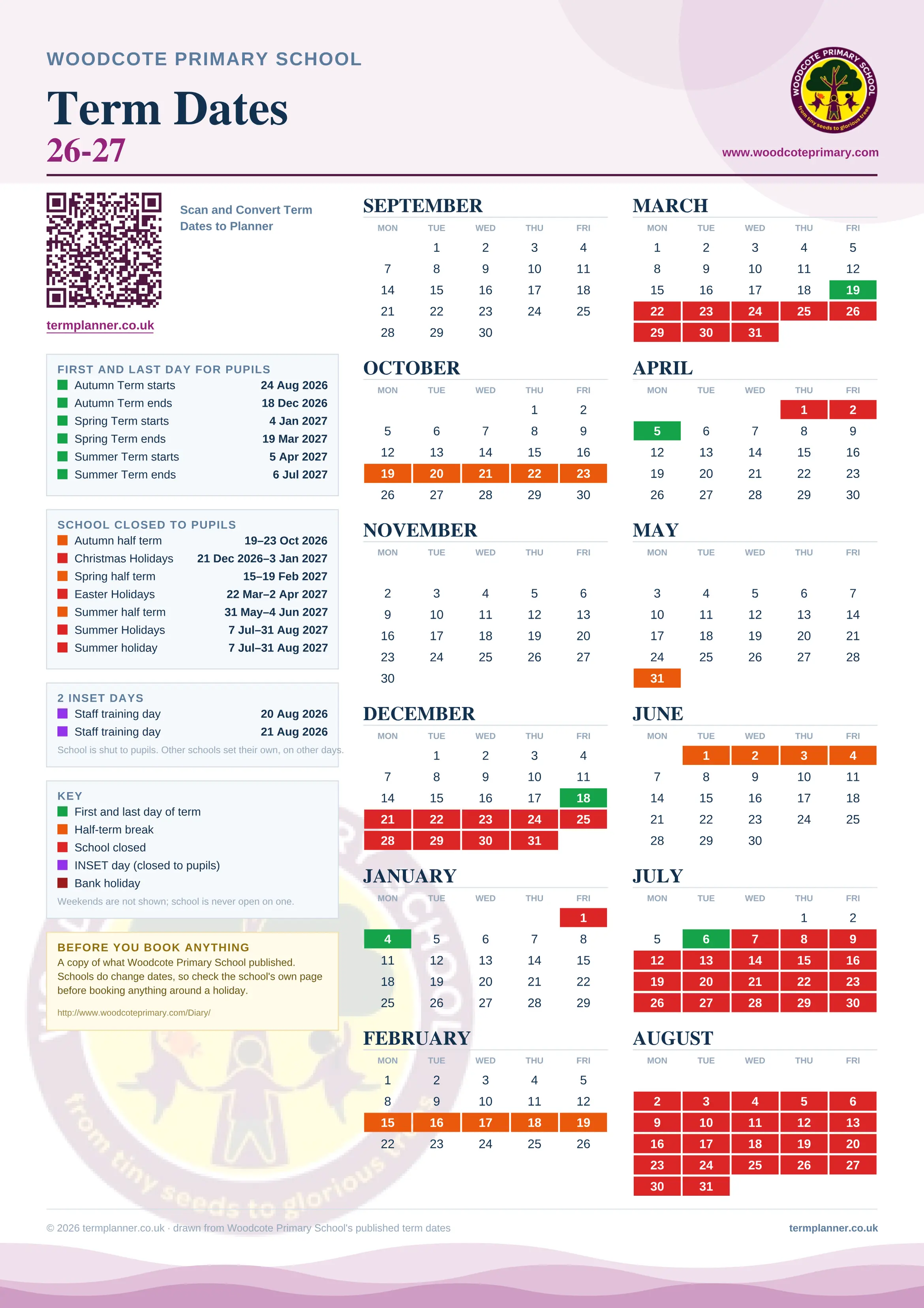 Woodcote Primary School’s 2026/27 school year drawn as one sheet: twelve month grids from September to August, Monday to Friday, with autumn term 24 August to 18 December 2026, spring term 4 January to 19 March 2027, summer term 5 April to 6 July 2027. Half terms, holidays and bank holidays are filled in colour, the first and last day of each term is marked, 2 INSET days are picked out, and every date is listed again in words down the left.