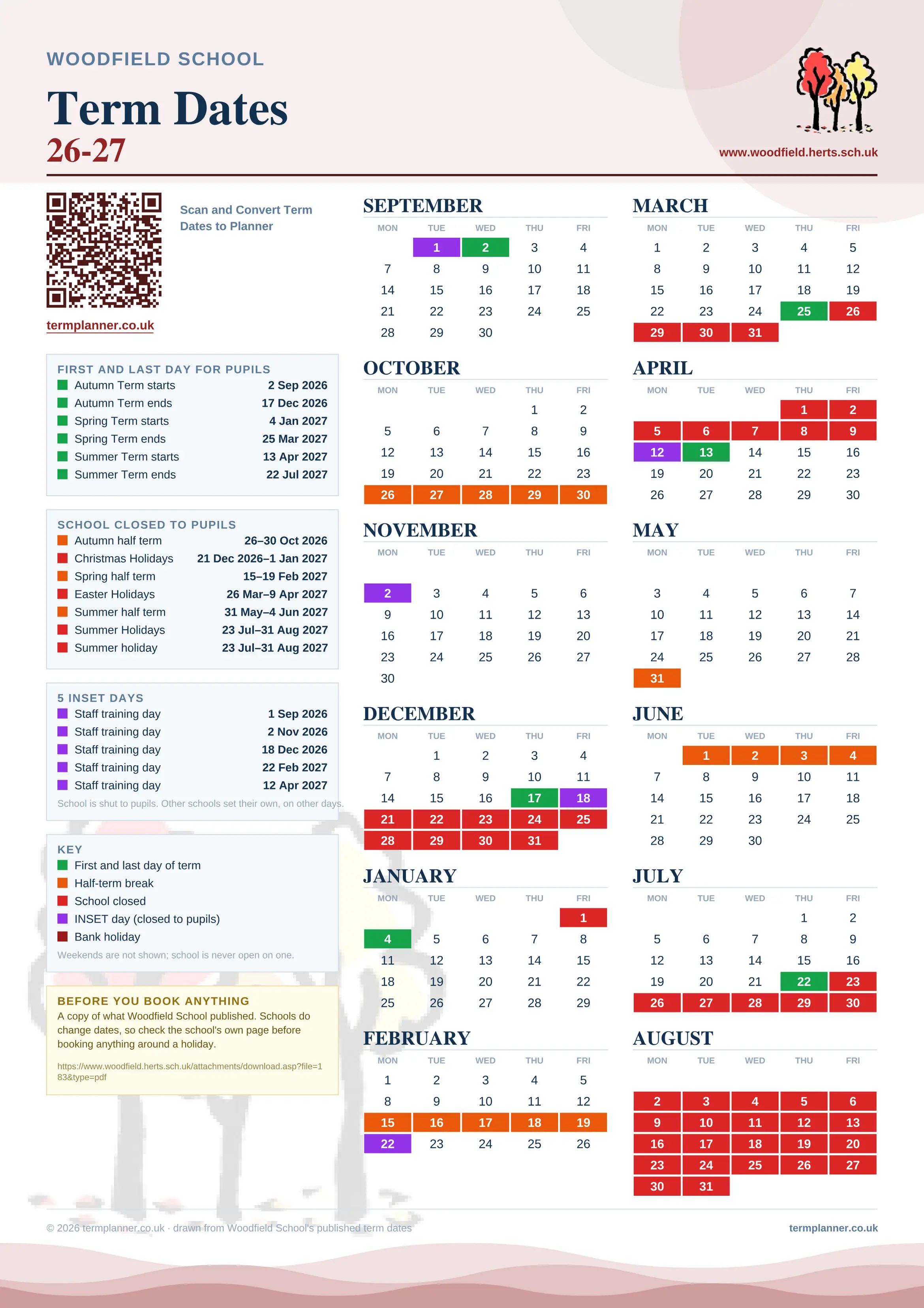 Woodfield School’s 2026/27 school year drawn as one sheet: twelve month grids from September to August, Monday to Friday, with autumn term 2 September to 17 December 2026, spring term 4 January to 25 March 2027, summer term 13 April to 22 July 2027. Half terms, holidays and bank holidays are filled in colour, the first and last day of each term is marked, 5 INSET days are picked out, and every date is listed again in words down the left.
