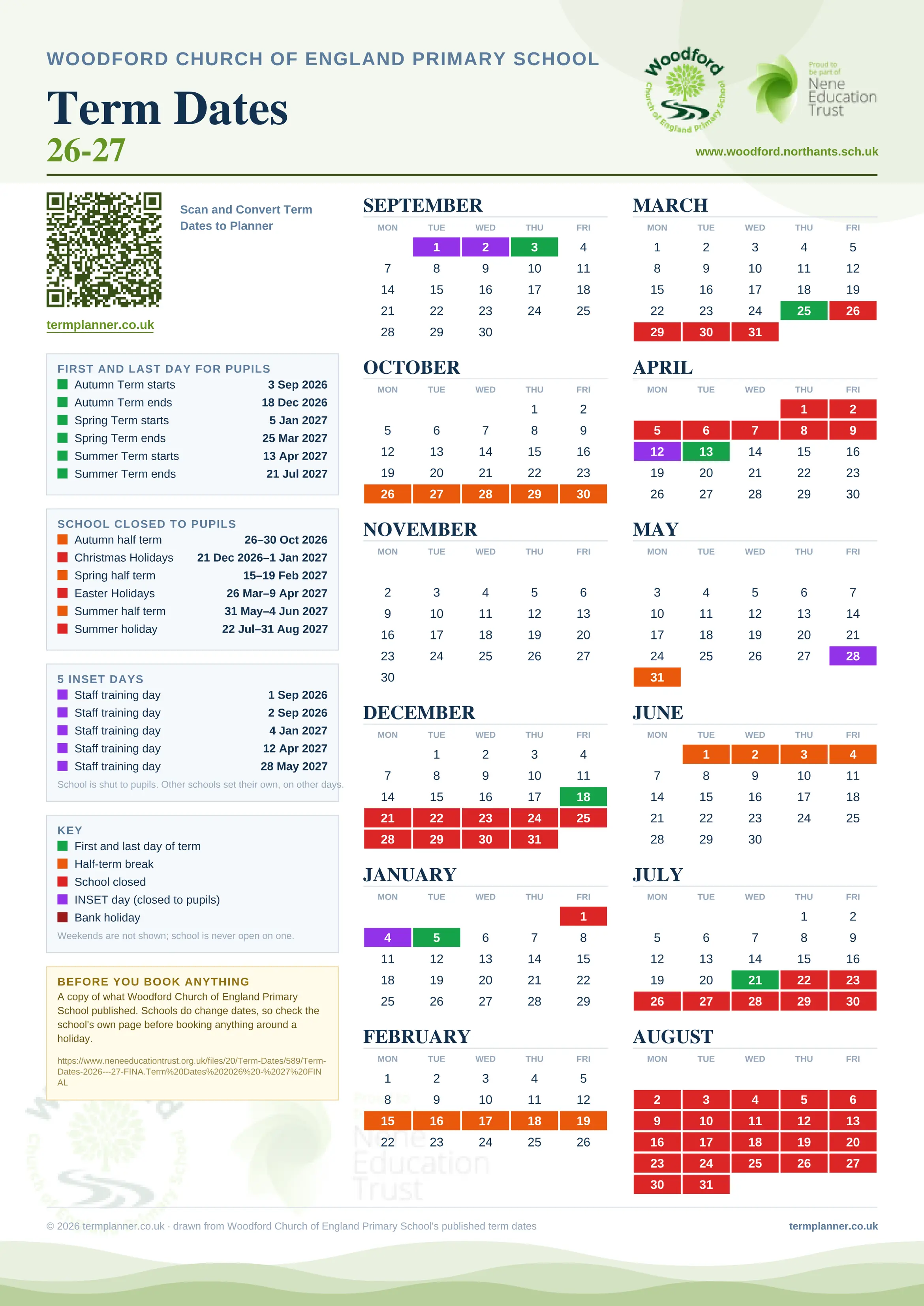 Woodford Church of England Primary School’s 2026/27 school year drawn as one sheet: twelve month grids from September to August, Monday to Friday, with autumn term 3 September to 18 December 2026, spring term 5 January to 25 March 2027, summer term 13 April to 21 July 2027. Half terms, holidays and bank holidays are filled in colour, the first and last day of each term is marked, 5 INSET days are picked out, and every date is listed again in words down the left.
