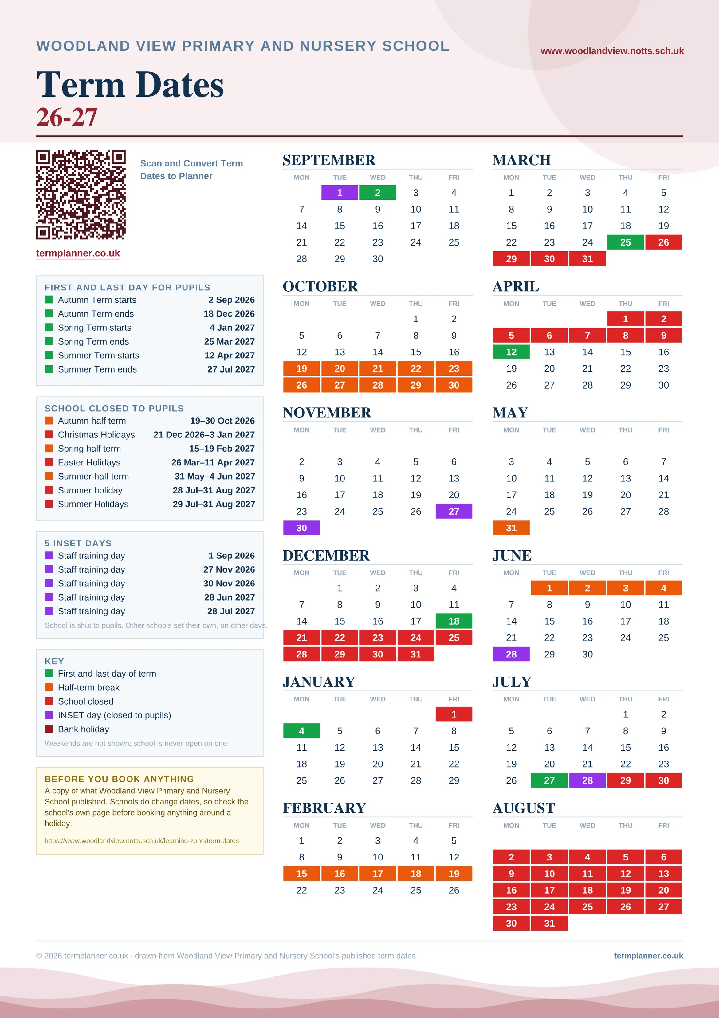 Woodland View Primary and Nursery School’s 2026/27 school year drawn as one sheet: twelve month grids from September to August, Monday to Friday, with autumn term 2 September to 18 December 2026, spring term 4 January to 25 March 2027, summer term 12 April to 27 July 2027. Half terms, holidays and bank holidays are filled in colour, the first and last day of each term is marked, 5 INSET days are picked out, and every date is listed again in words down the left.