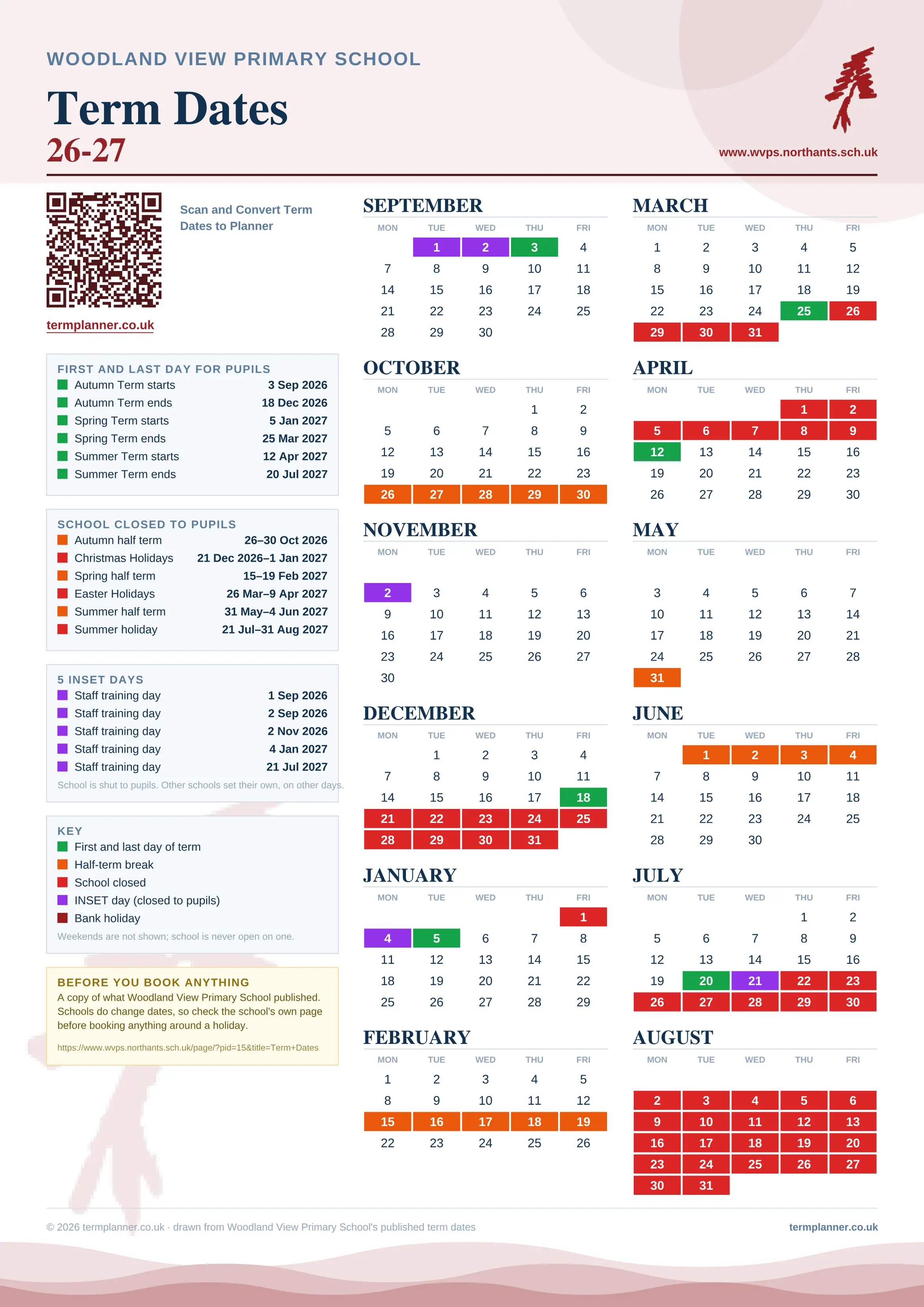 Woodland View Primary School’s 2026/27 school year drawn as one sheet: twelve month grids from September to August, Monday to Friday, with autumn term 3 September to 18 December 2026, spring term 5 January to 25 March 2027, summer term 12 April to 20 July 2027. Half terms, holidays and bank holidays are filled in colour, the first and last day of each term is marked, 5 INSET days are picked out, and every date is listed again in words down the left.