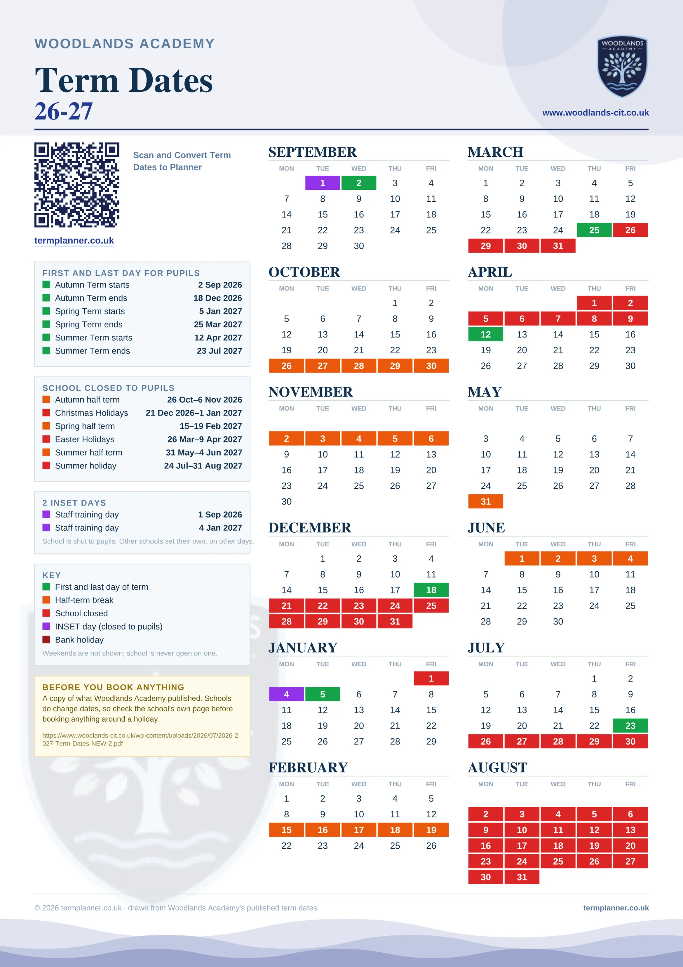 Woodlands Academy’s 2026/27 school year drawn as one sheet: twelve month grids from September to August, Monday to Friday, with autumn term 2 September to 18 December 2026, spring term 5 January to 25 March 2027, summer term 12 April to 23 July 2027. Half terms, holidays and bank holidays are filled in colour, the first and last day of each term is marked, 2 INSET days are picked out, and every date is listed again in words down the left.