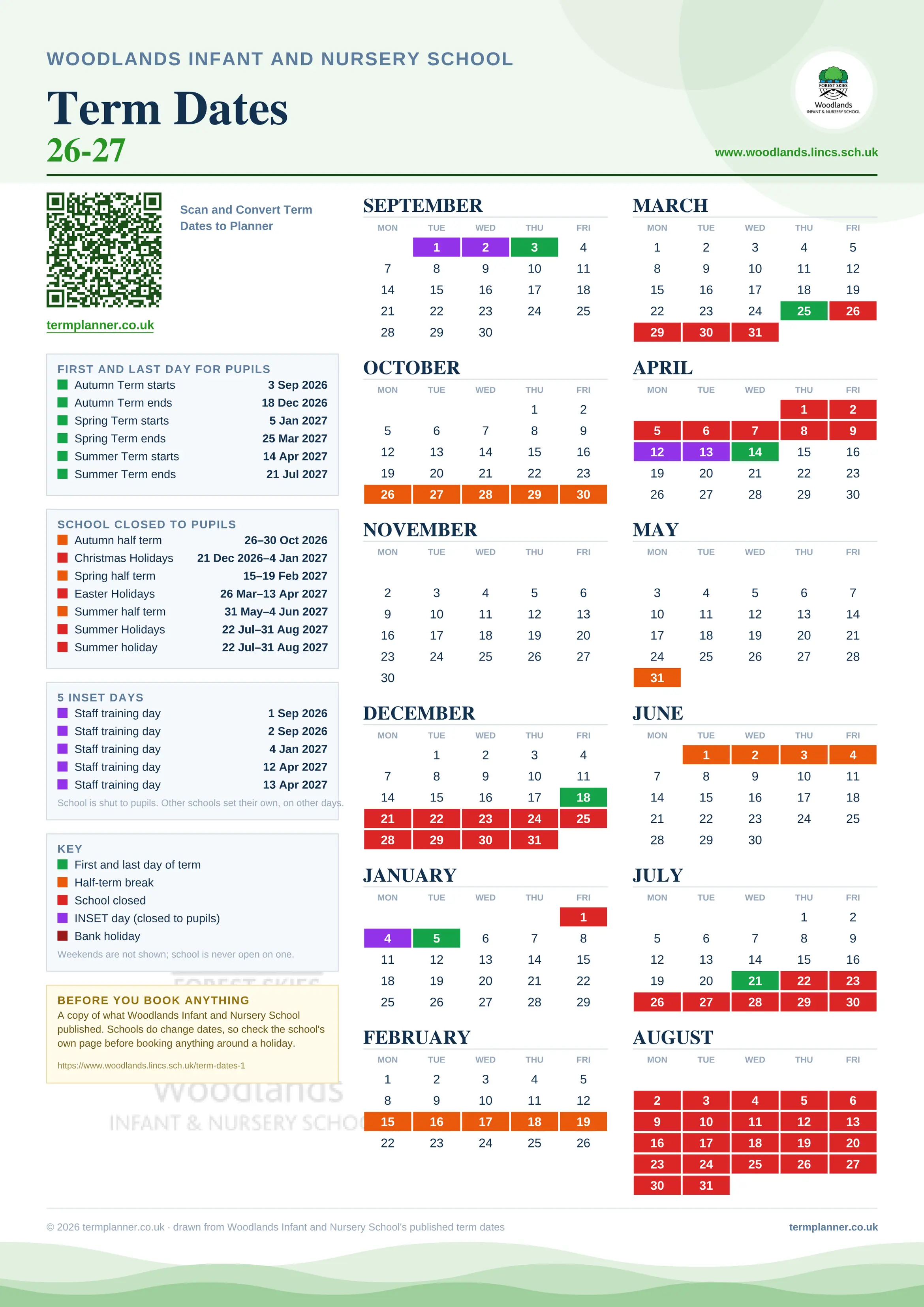 Woodlands Infant and Nursery School’s 2026/27 school year drawn as one sheet: twelve month grids from September to August, Monday to Friday, with autumn term 3 September to 18 December 2026, spring term 5 January to 25 March 2027, summer term 14 April to 21 July 2027. Half terms, holidays and bank holidays are filled in colour, the first and last day of each term is marked, 5 INSET days are picked out, and every date is listed again in words down the left.
