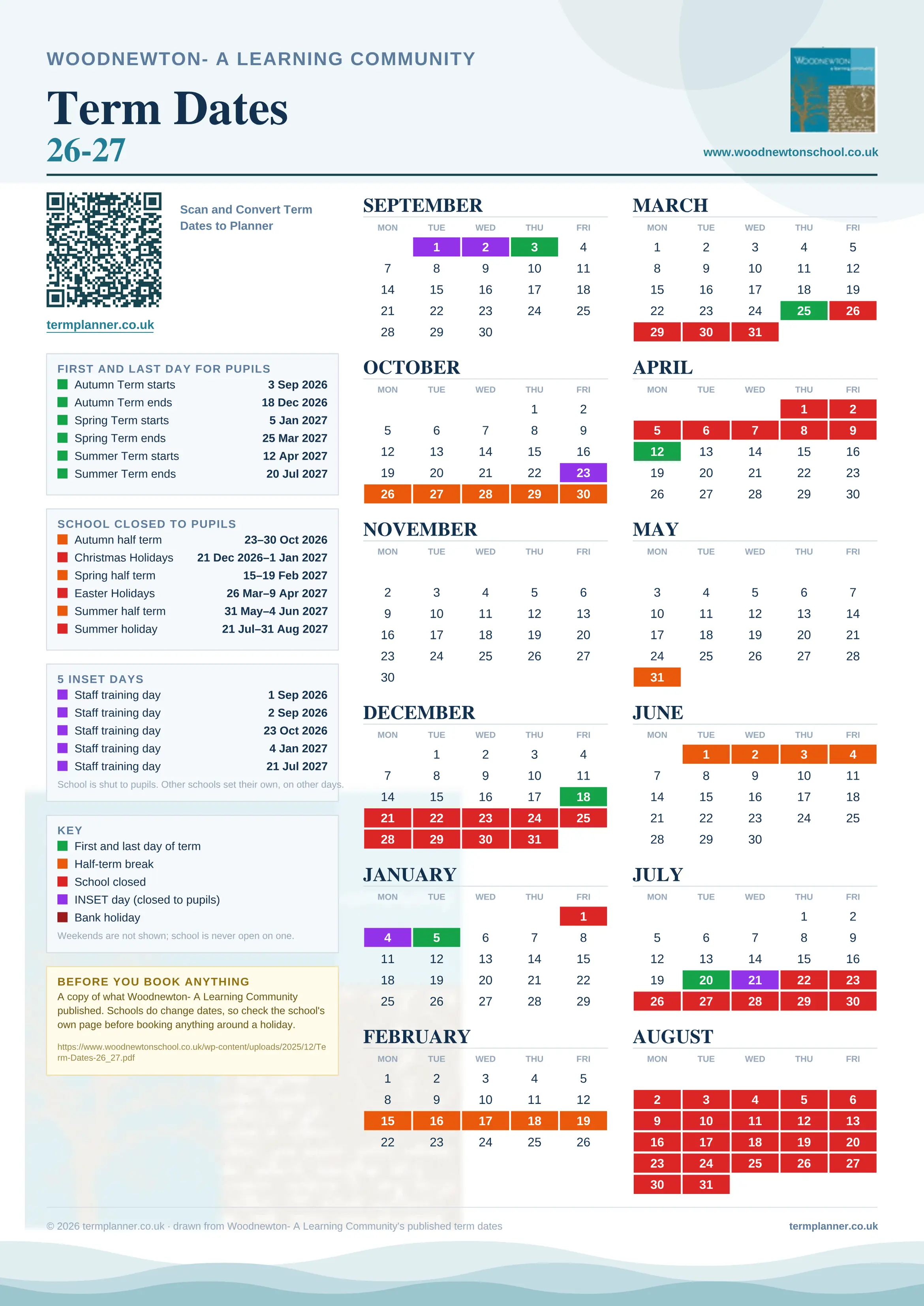 Woodnewton- A Learning Community’s 2026/27 school year drawn as one sheet: twelve month grids from September to August, Monday to Friday, with autumn term 3 September to 18 December 2026, spring term 5 January to 25 March 2027, summer term 12 April to 20 July 2027. Half terms, holidays and bank holidays are filled in colour, the first and last day of each term is marked, 5 INSET days are picked out, and every date is listed again in words down the left.