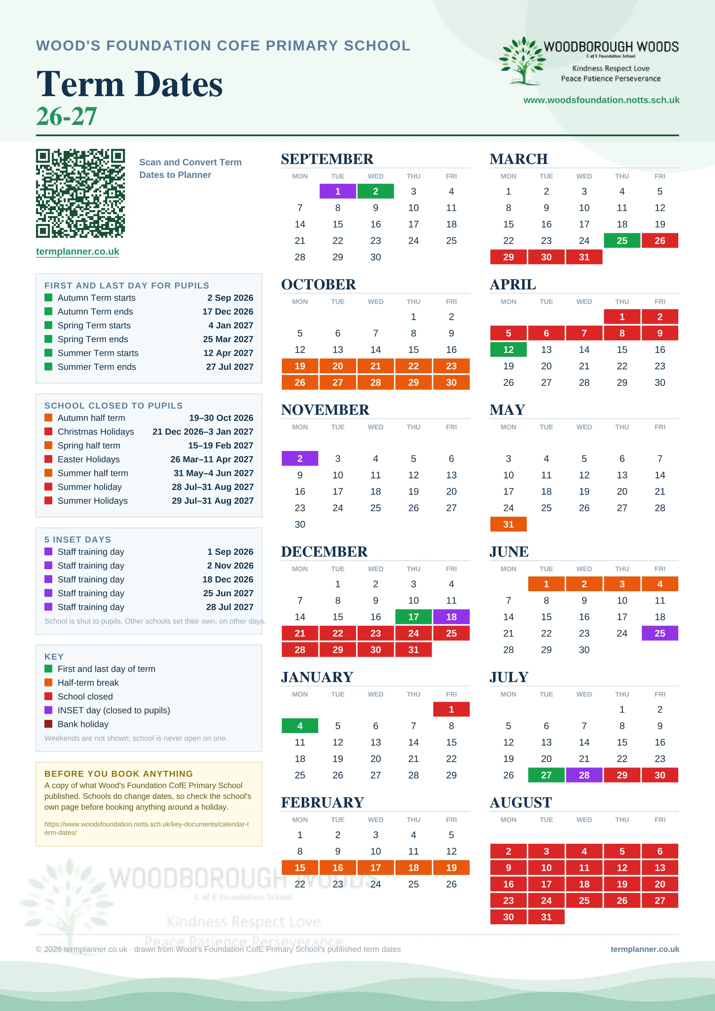 Wood's Foundation CofE Primary School’s 2026/27 school year drawn as one sheet: twelve month grids from September to August, Monday to Friday, with autumn term 2 September to 17 December 2026, spring term 4 January to 25 March 2027, summer term 12 April to 27 July 2027. Half terms, holidays and bank holidays are filled in colour, the first and last day of each term is marked, 5 INSET days are picked out, and every date is listed again in words down the left.