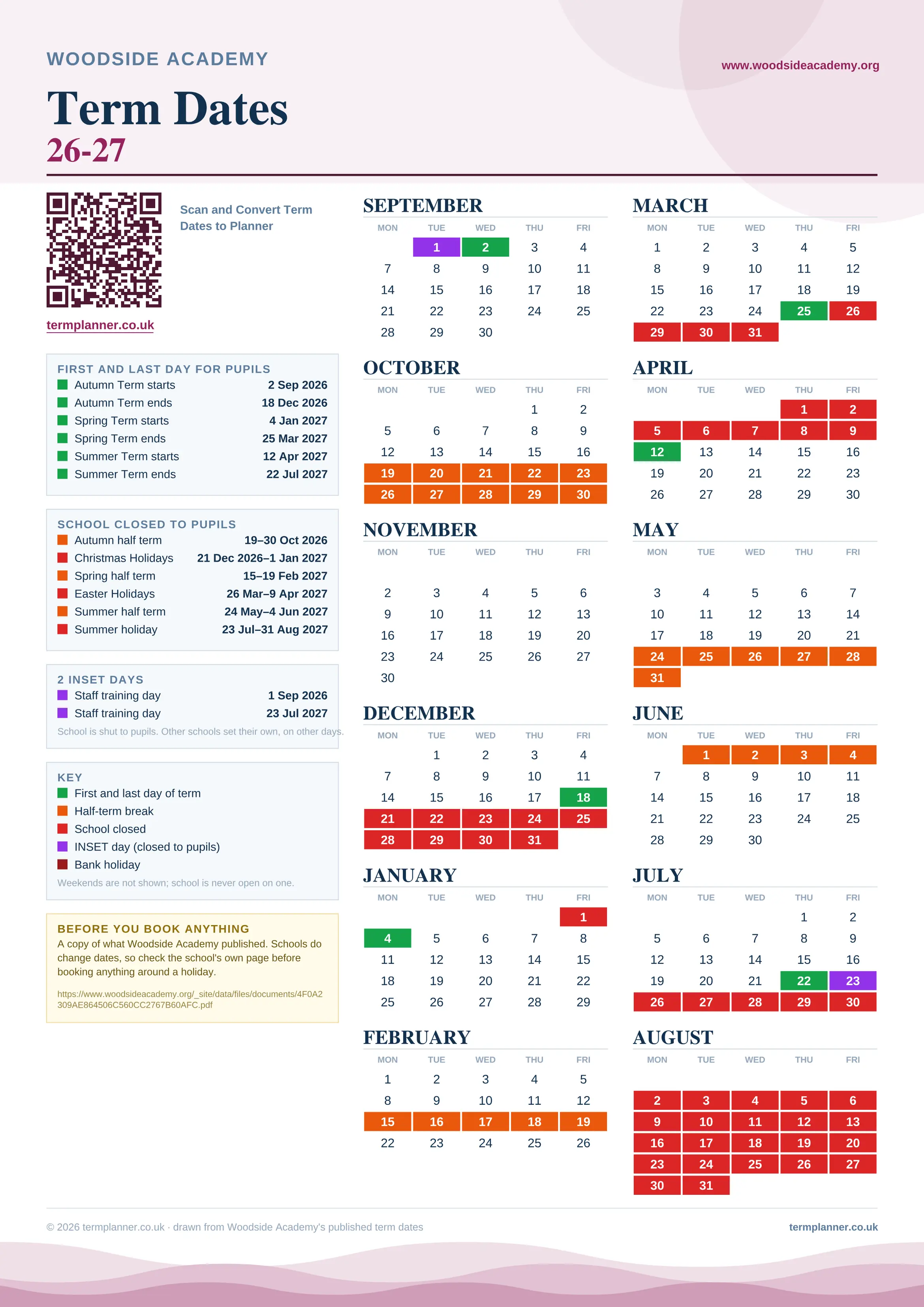 Woodside Academy’s 2026/27 school year drawn as one sheet: twelve month grids from September to August, Monday to Friday, with autumn term 2 September to 18 December 2026, spring term 4 January to 25 March 2027, summer term 12 April to 22 July 2027. Half terms, holidays and bank holidays are filled in colour, the first and last day of each term is marked, 2 INSET days are picked out, and every date is listed again in words down the left.