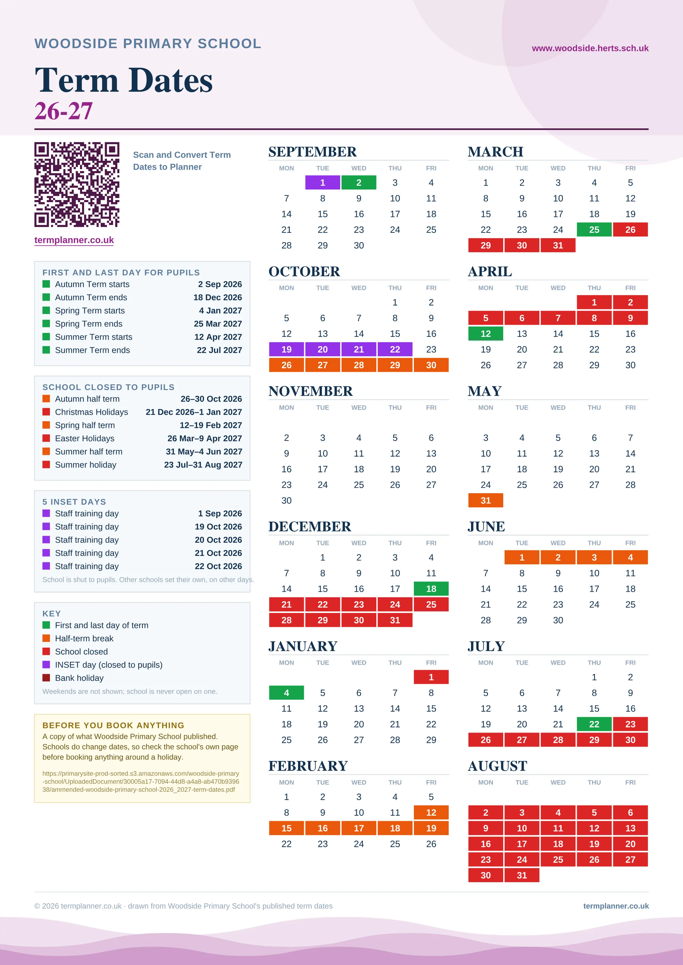 Woodside Primary School’s 2026/27 school year drawn as one sheet: twelve month grids from September to August, Monday to Friday, with autumn term 2 September to 18 December 2026, spring term 4 January to 25 March 2027, summer term 12 April to 22 July 2027. Half terms, holidays and bank holidays are filled in colour, the first and last day of each term is marked, 5 INSET days are picked out, and every date is listed again in words down the left.