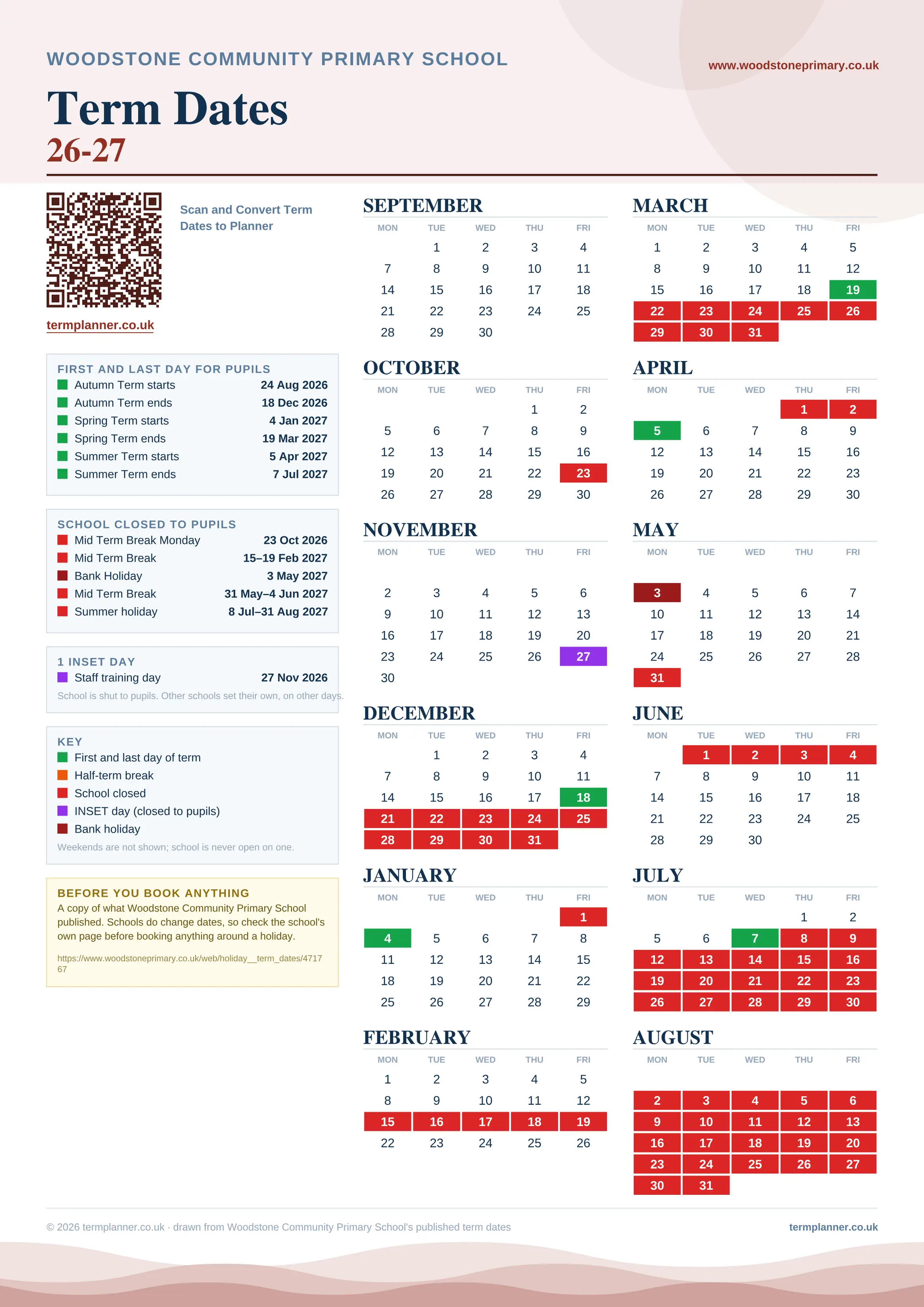 Woodstone Community Primary School’s 2026/27 school year drawn as one sheet: twelve month grids from September to August, Monday to Friday, with autumn term 24 August to 18 December 2026, spring term 4 January to 19 March 2027, summer term 5 April to 7 July 2027. Half terms, holidays and bank holidays are filled in colour, the first and last day of each term is marked, 1 INSET day is picked out, and every date is listed again in words down the left.