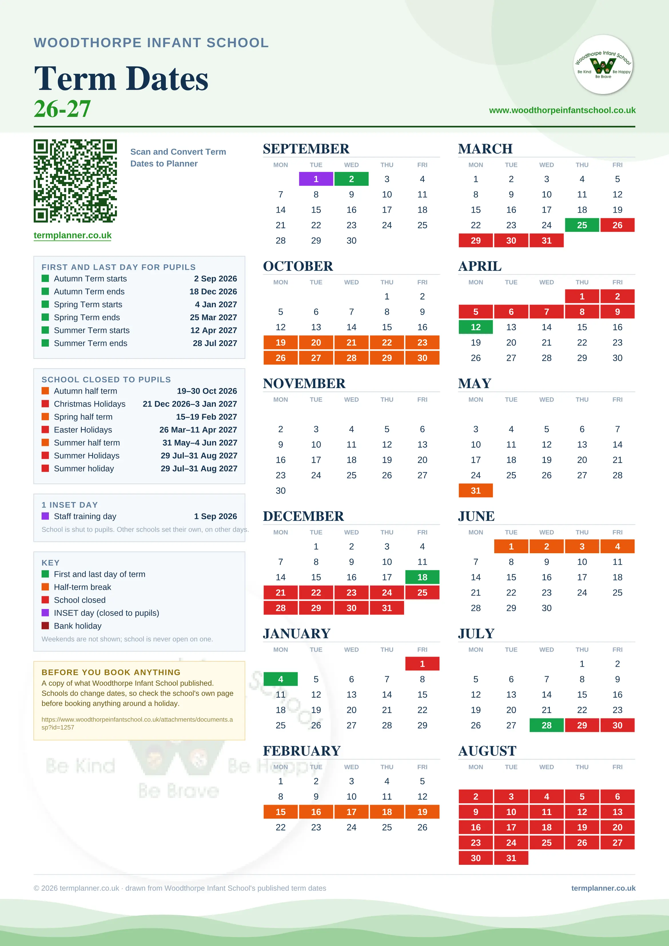 Woodthorpe Infant School’s 2026/27 school year drawn as one sheet: twelve month grids from September to August, Monday to Friday, with autumn term 2 September to 18 December 2026, spring term 4 January to 25 March 2027, summer term 12 April to 28 July 2027. Half terms, holidays and bank holidays are filled in colour, the first and last day of each term is marked, 1 INSET day is picked out, and every date is listed again in words down the left.