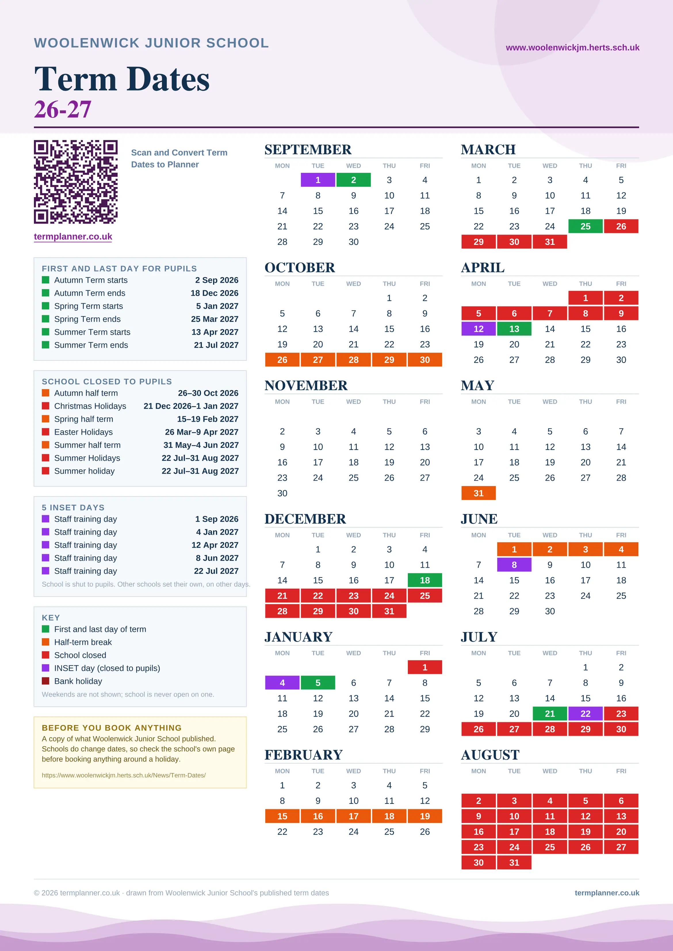 Woolenwick Junior School’s 2026/27 school year drawn as one sheet: twelve month grids from September to August, Monday to Friday, with autumn term 2 September to 18 December 2026, spring term 5 January to 25 March 2027, summer term 13 April to 21 July 2027. Half terms, holidays and bank holidays are filled in colour, the first and last day of each term is marked, 5 INSET days are picked out, and every date is listed again in words down the left.