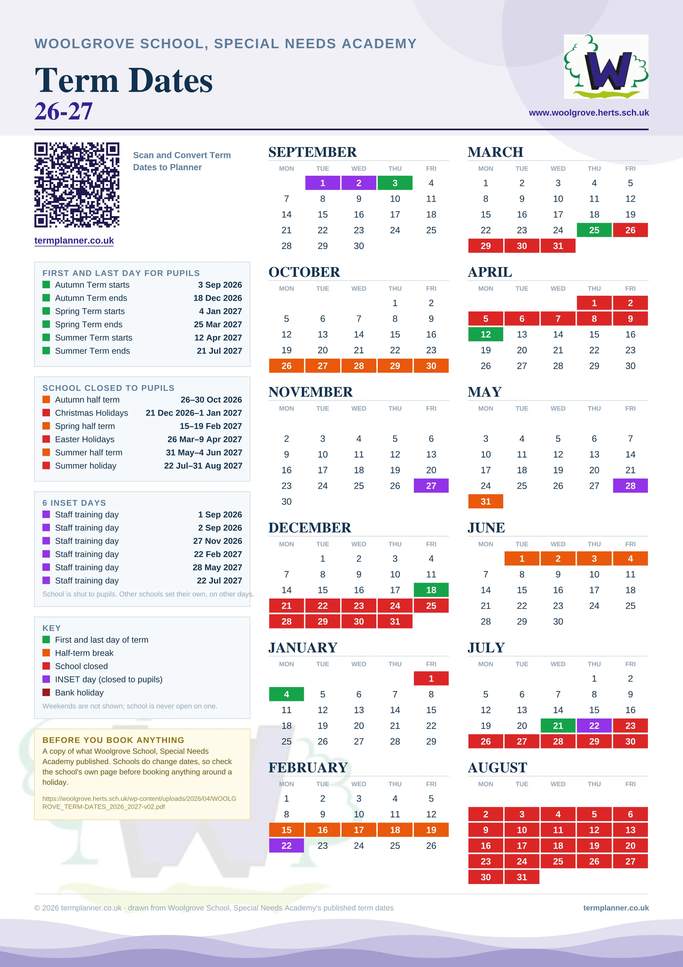 Woolgrove School, Special Needs Academy’s 2026/27 school year drawn as one sheet: twelve month grids from September to August, Monday to Friday, with autumn term 3 September to 18 December 2026, spring term 4 January to 25 March 2027, summer term 12 April to 21 July 2027. Half terms, holidays and bank holidays are filled in colour, the first and last day of each term is marked, 6 INSET days are picked out, and every date is listed again in words down the left.