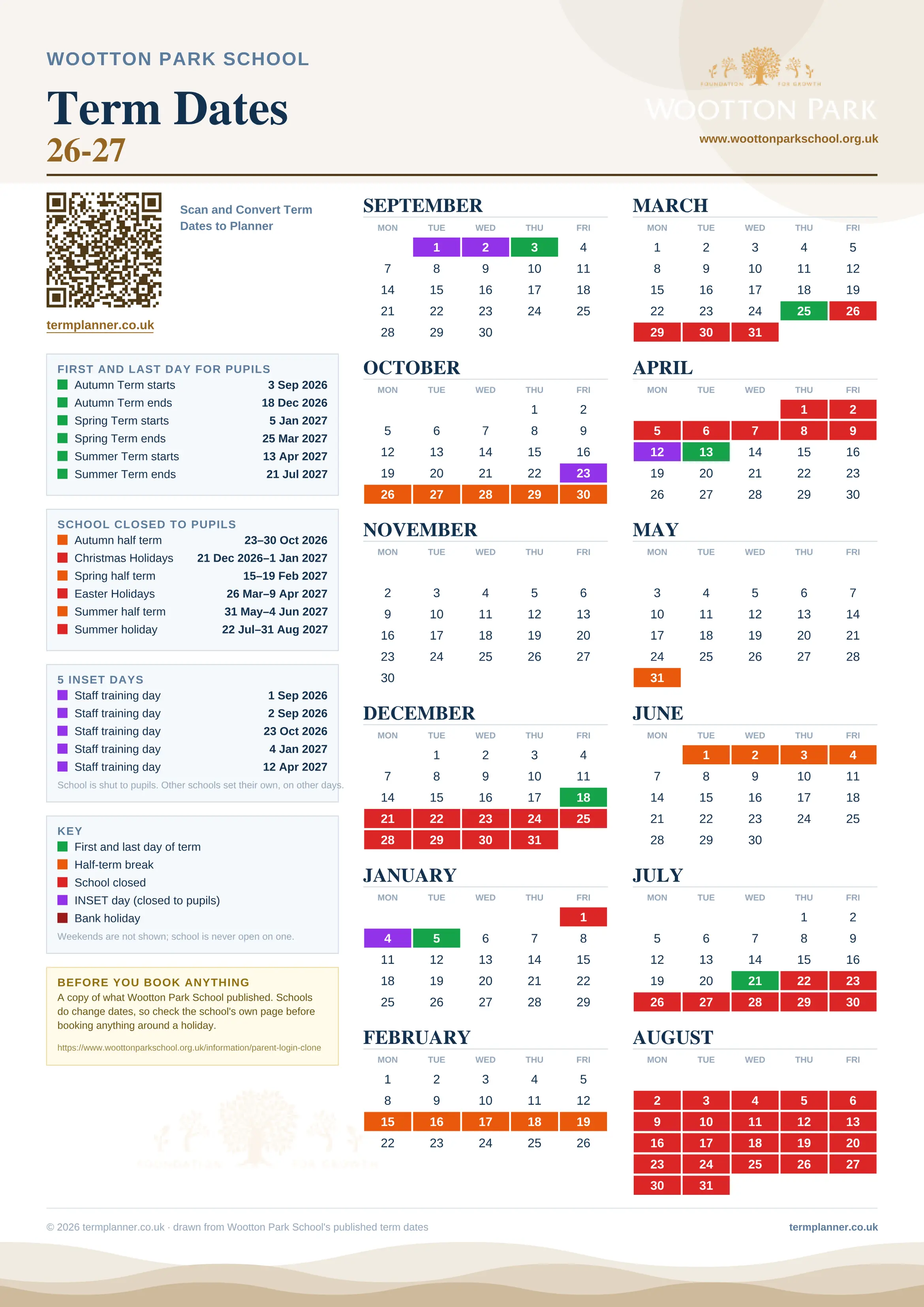 Wootton Park School’s 2026/27 school year drawn as one sheet: twelve month grids from September to August, Monday to Friday, with autumn term 3 September to 18 December 2026, spring term 5 January to 25 March 2027, summer term 13 April to 21 July 2027. Half terms, holidays and bank holidays are filled in colour, the first and last day of each term is marked, 5 INSET days are picked out, and every date is listed again in words down the left.