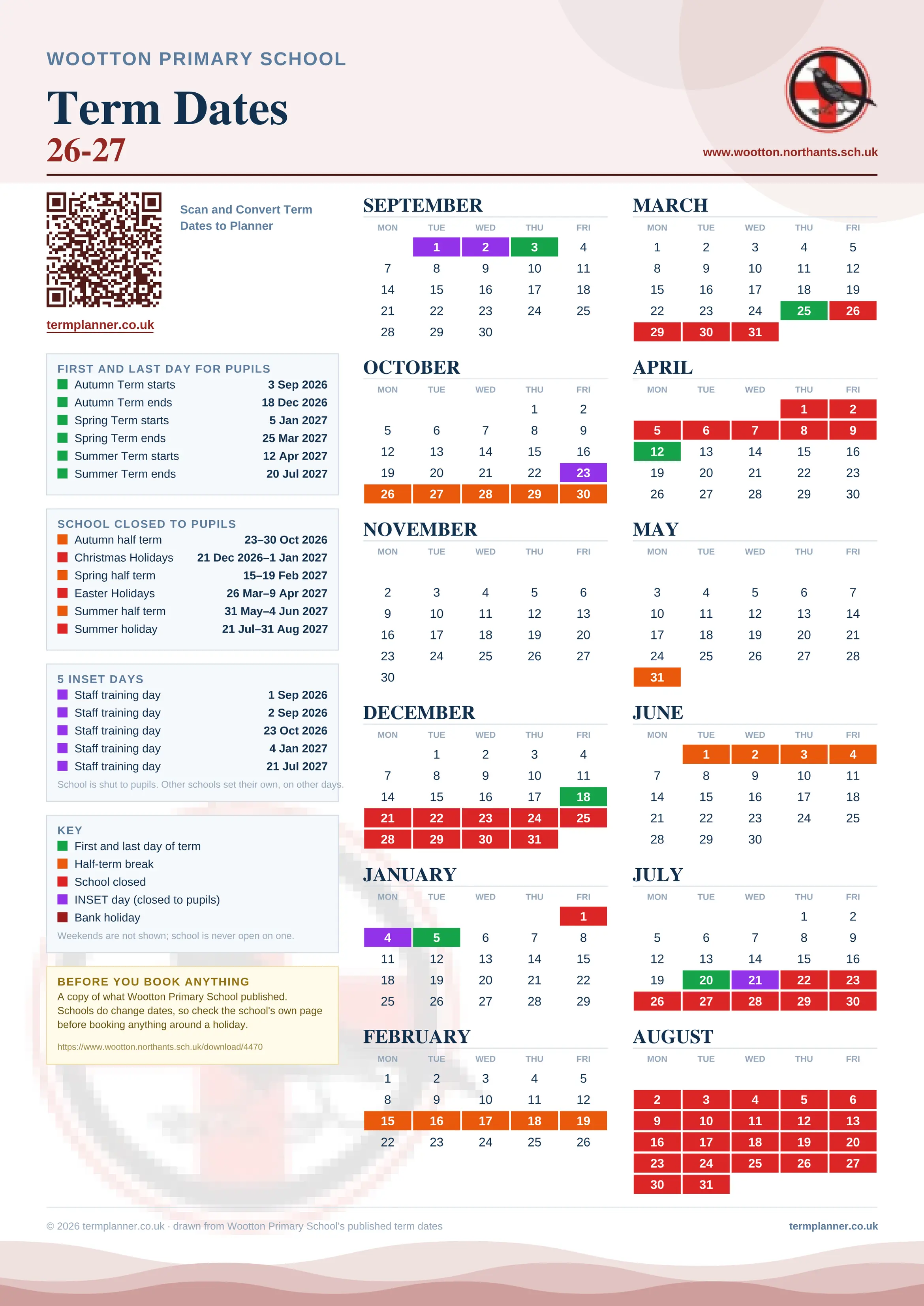 Wootton Primary School’s 2026/27 school year drawn as one sheet: twelve month grids from September to August, Monday to Friday, with autumn term 3 September to 18 December 2026, spring term 5 January to 25 March 2027, summer term 12 April to 20 July 2027. Half terms, holidays and bank holidays are filled in colour, the first and last day of each term is marked, 5 INSET days are picked out, and every date is listed again in words down the left.