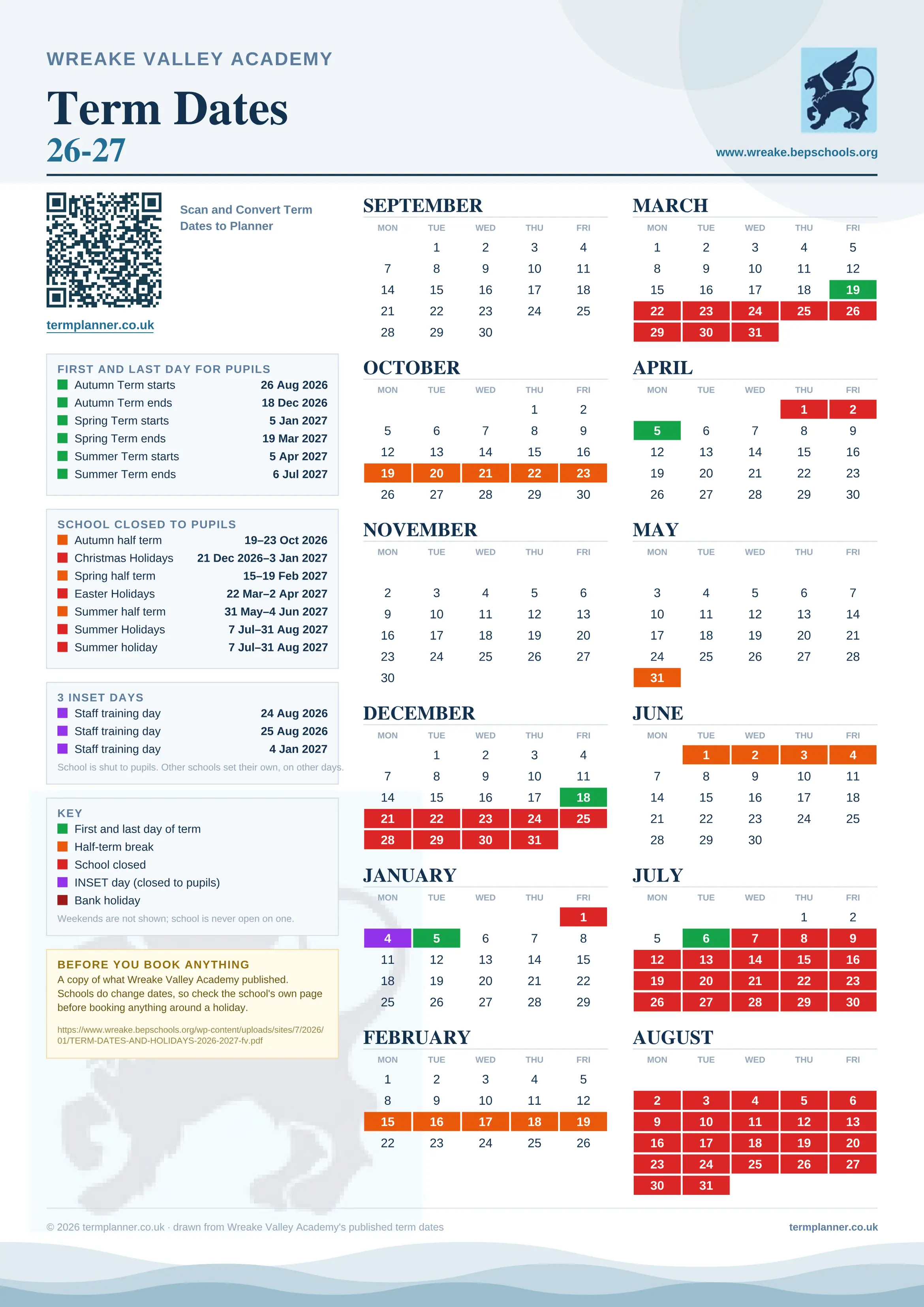 Wreake Valley Academy’s 2026/27 school year drawn as one sheet: twelve month grids from September to August, Monday to Friday, with autumn term 26 August to 18 December 2026, spring term 5 January to 19 March 2027, summer term 5 April to 6 July 2027. Half terms, holidays and bank holidays are filled in colour, the first and last day of each term is marked, 3 INSET days are picked out, and every date is listed again in words down the left.