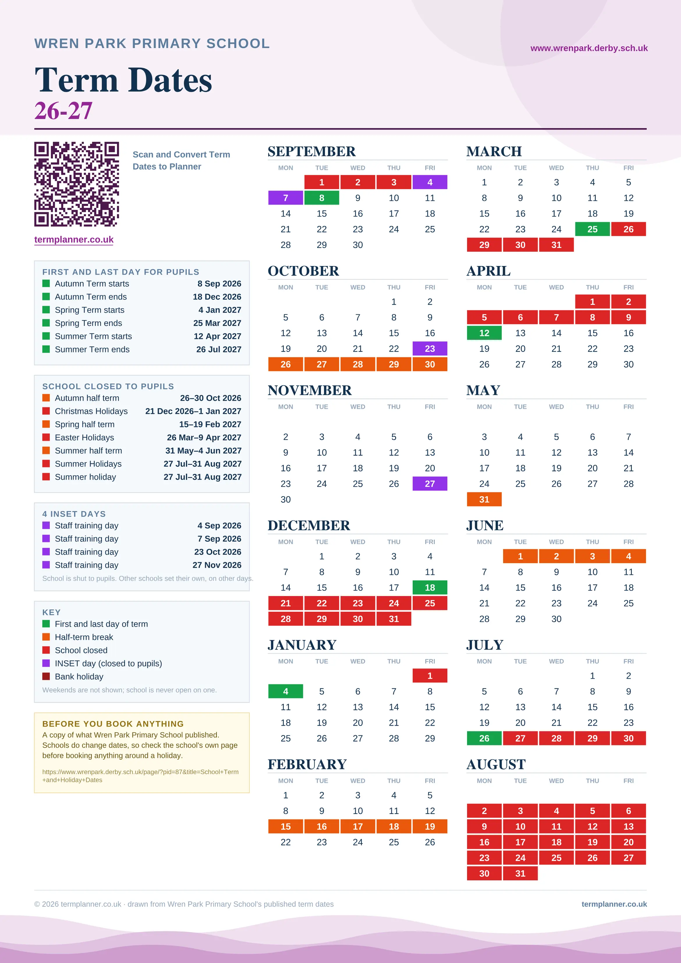 Wren Park Primary School’s 2026/27 school year drawn as one sheet: twelve month grids from September to August, Monday to Friday, with autumn term 8 September to 18 December 2026, spring term 4 January to 25 March 2027, summer term 12 April to 26 July 2027. Half terms, holidays and bank holidays are filled in colour, the first and last day of each term is marked, 4 INSET days are picked out, and every date is listed again in words down the left.