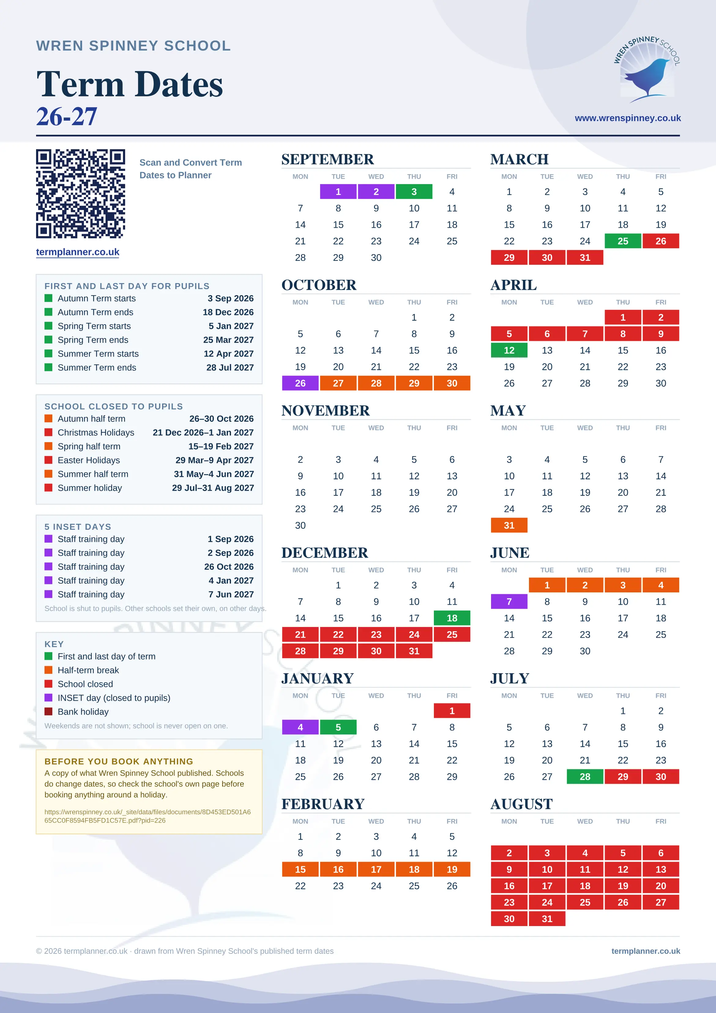 Wren Spinney School’s 2026/27 school year drawn as one sheet: twelve month grids from September to August, Monday to Friday, with autumn term 3 September to 18 December 2026, spring term 5 January to 25 March 2027, summer term 12 April to 28 July 2027. Half terms, holidays and bank holidays are filled in colour, the first and last day of each term is marked, 5 INSET days are picked out, and every date is listed again in words down the left.