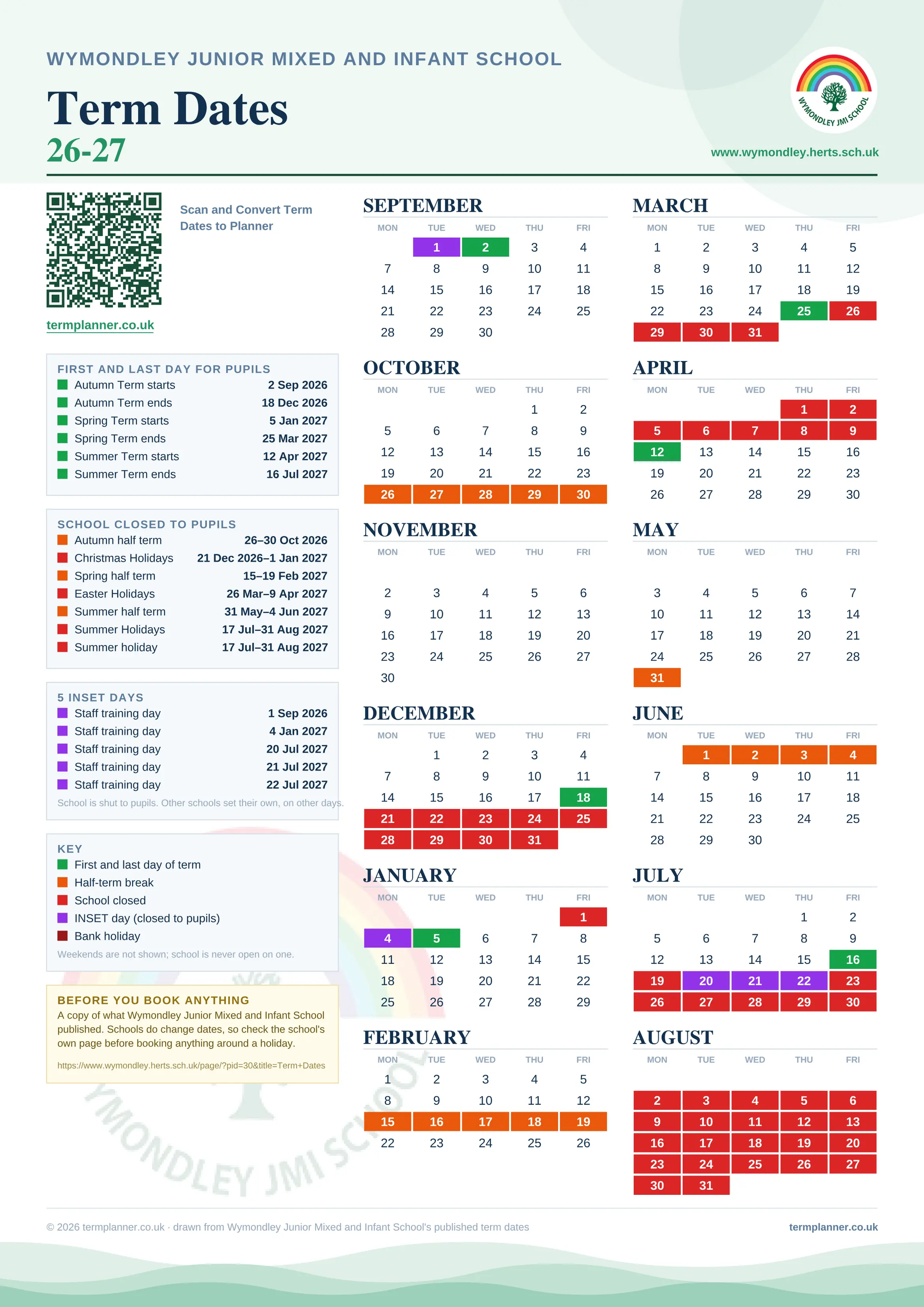 Wymondley Junior Mixed and Infant School’s 2026/27 school year drawn as one sheet: twelve month grids from September to August, Monday to Friday, with autumn term 2 September to 18 December 2026, spring term 5 January to 25 March 2027, summer term 12 April to 16 July 2027. Half terms, holidays and bank holidays are filled in colour, the first and last day of each term is marked, 5 INSET days are picked out, and every date is listed again in words down the left.