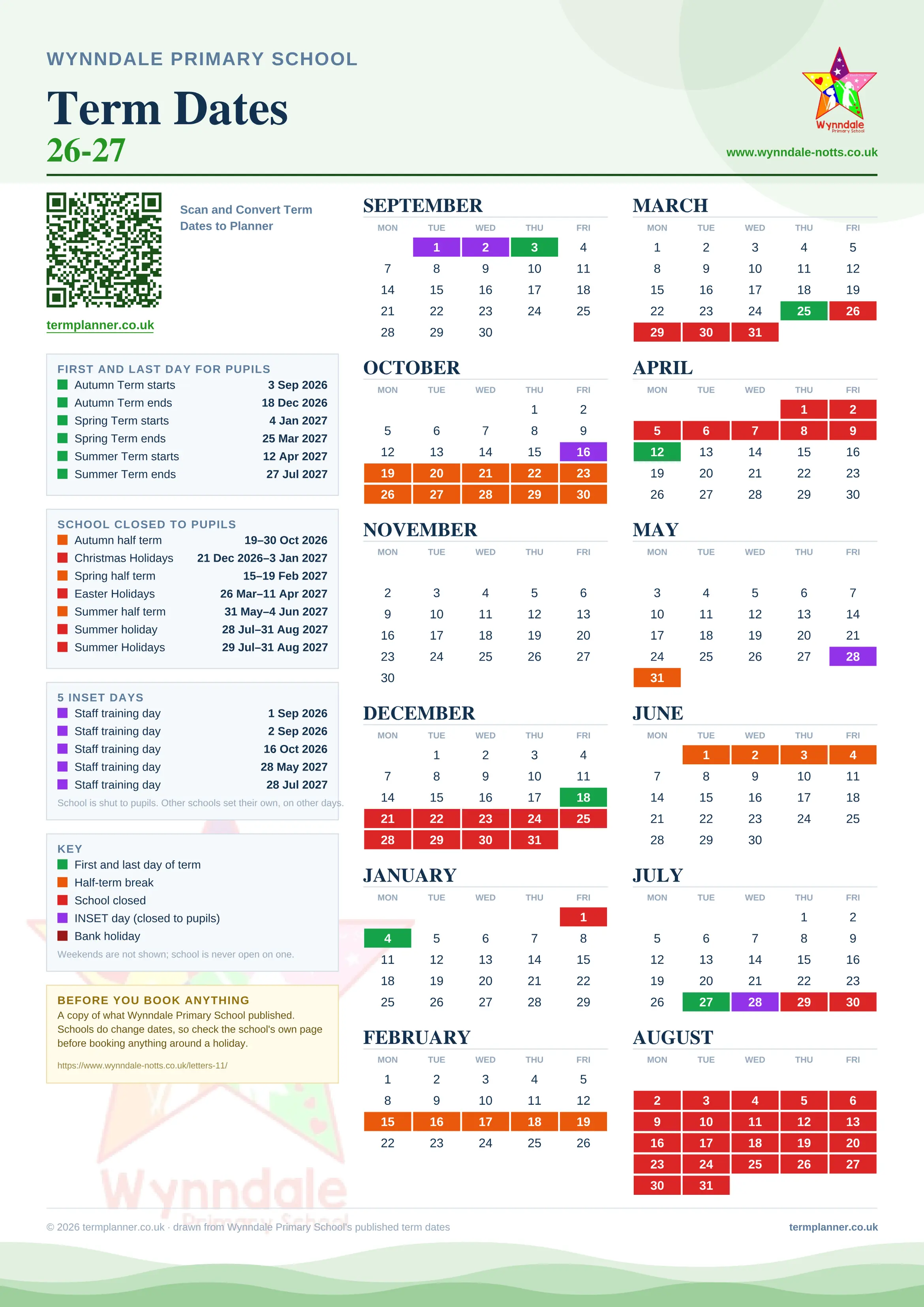 Wynndale Primary School’s 2026/27 school year drawn as one sheet: twelve month grids from September to August, Monday to Friday, with autumn term 3 September to 18 December 2026, spring term 4 January to 25 March 2027, summer term 12 April to 27 July 2027. Half terms, holidays and bank holidays are filled in colour, the first and last day of each term is marked, 5 INSET days are picked out, and every date is listed again in words down the left.