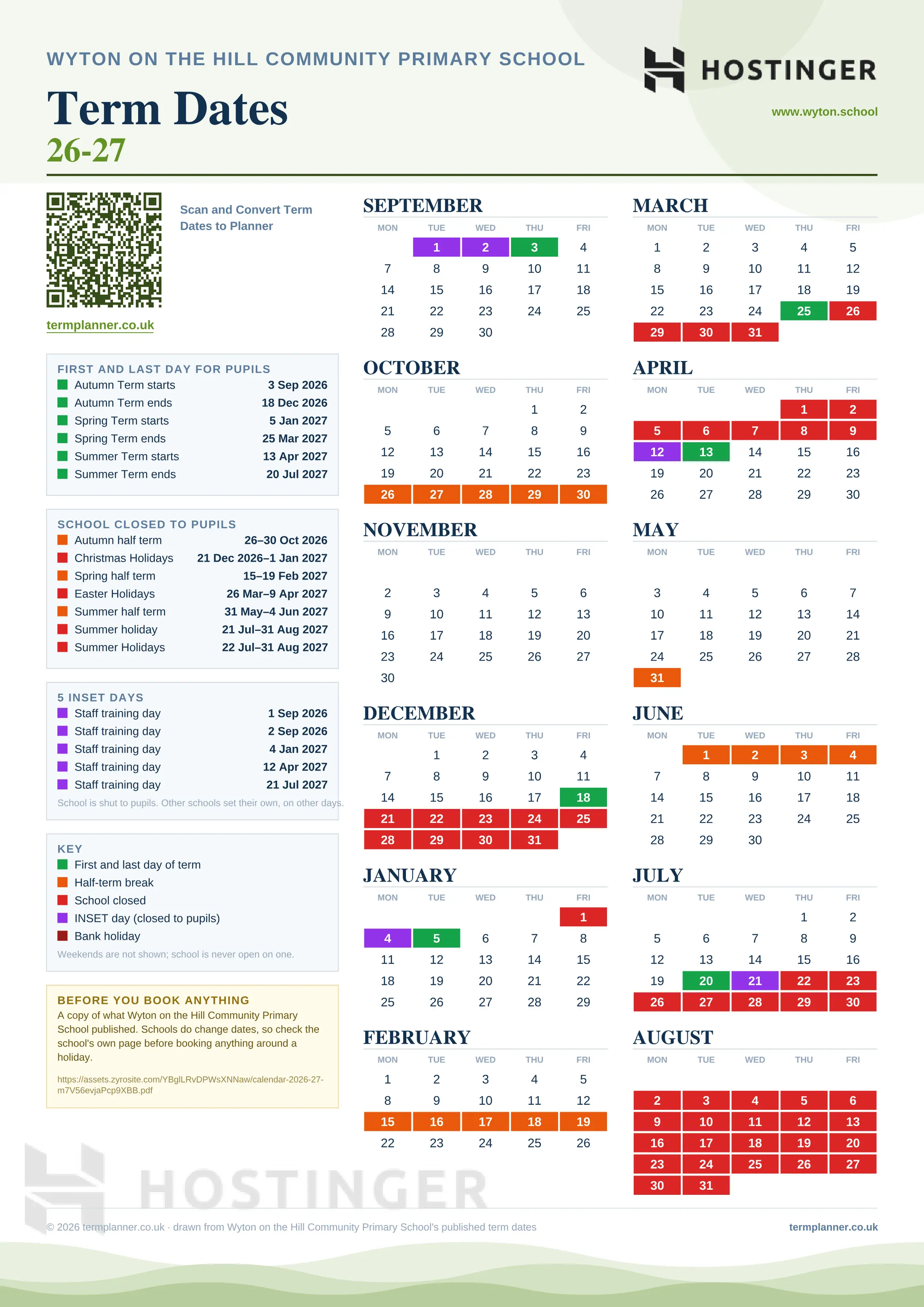 Wyton on the Hill Community Primary School’s 2026/27 school year drawn as one sheet: twelve month grids from September to August, Monday to Friday, with autumn term 3 September to 18 December 2026, spring term 5 January to 25 March 2027, summer term 13 April to 20 July 2027. Half terms, holidays and bank holidays are filled in colour, the first and last day of each term is marked, 5 INSET days are picked out, and every date is listed again in words down the left.