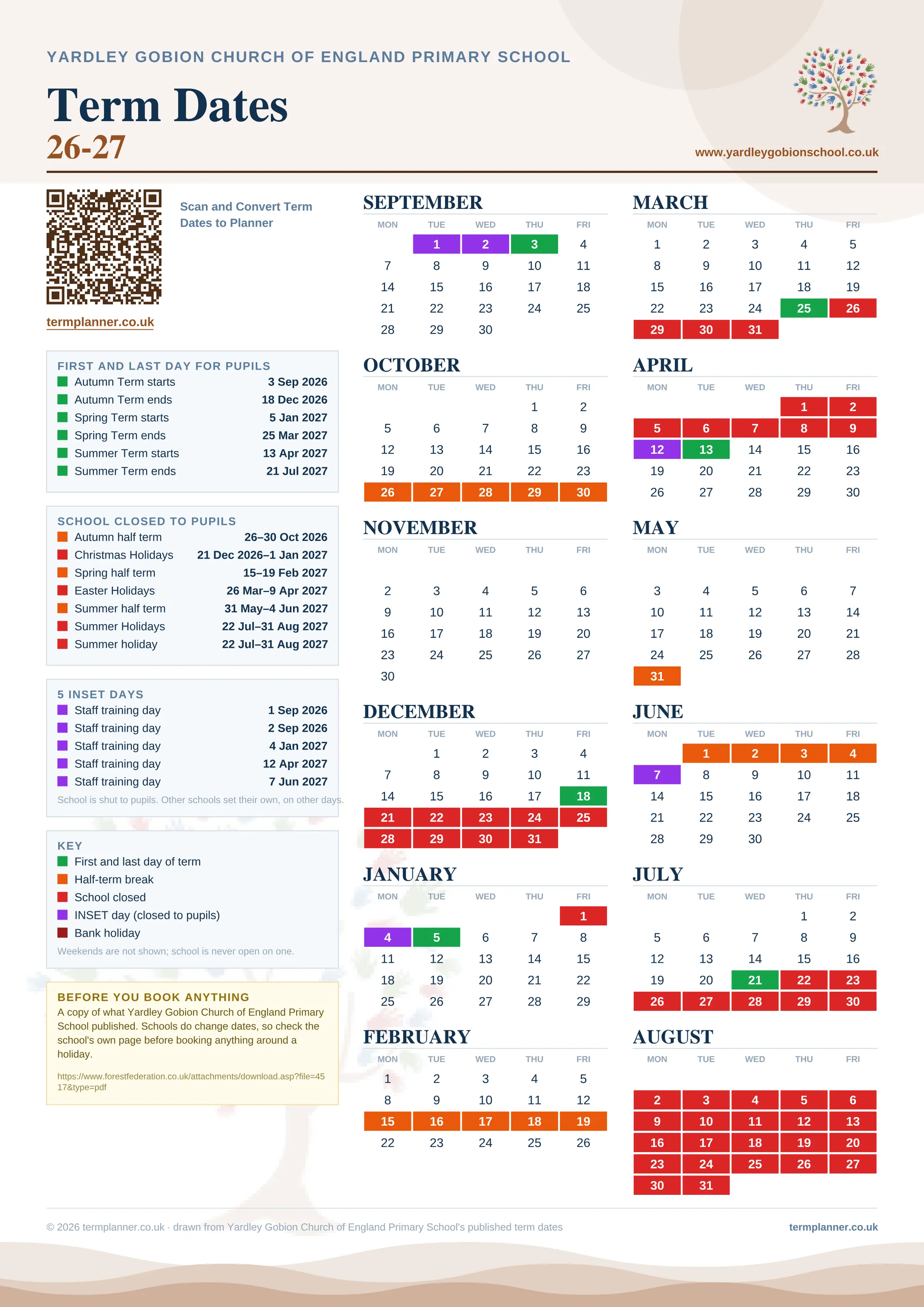Yardley Gobion Church of England Primary School’s 2026/27 school year drawn as one sheet: twelve month grids from September to August, Monday to Friday, with autumn term 3 September to 18 December 2026, spring term 5 January to 25 March 2027, summer term 13 April to 21 July 2027. Half terms, holidays and bank holidays are filled in colour, the first and last day of each term is marked, 5 INSET days are picked out, and every date is listed again in words down the left.