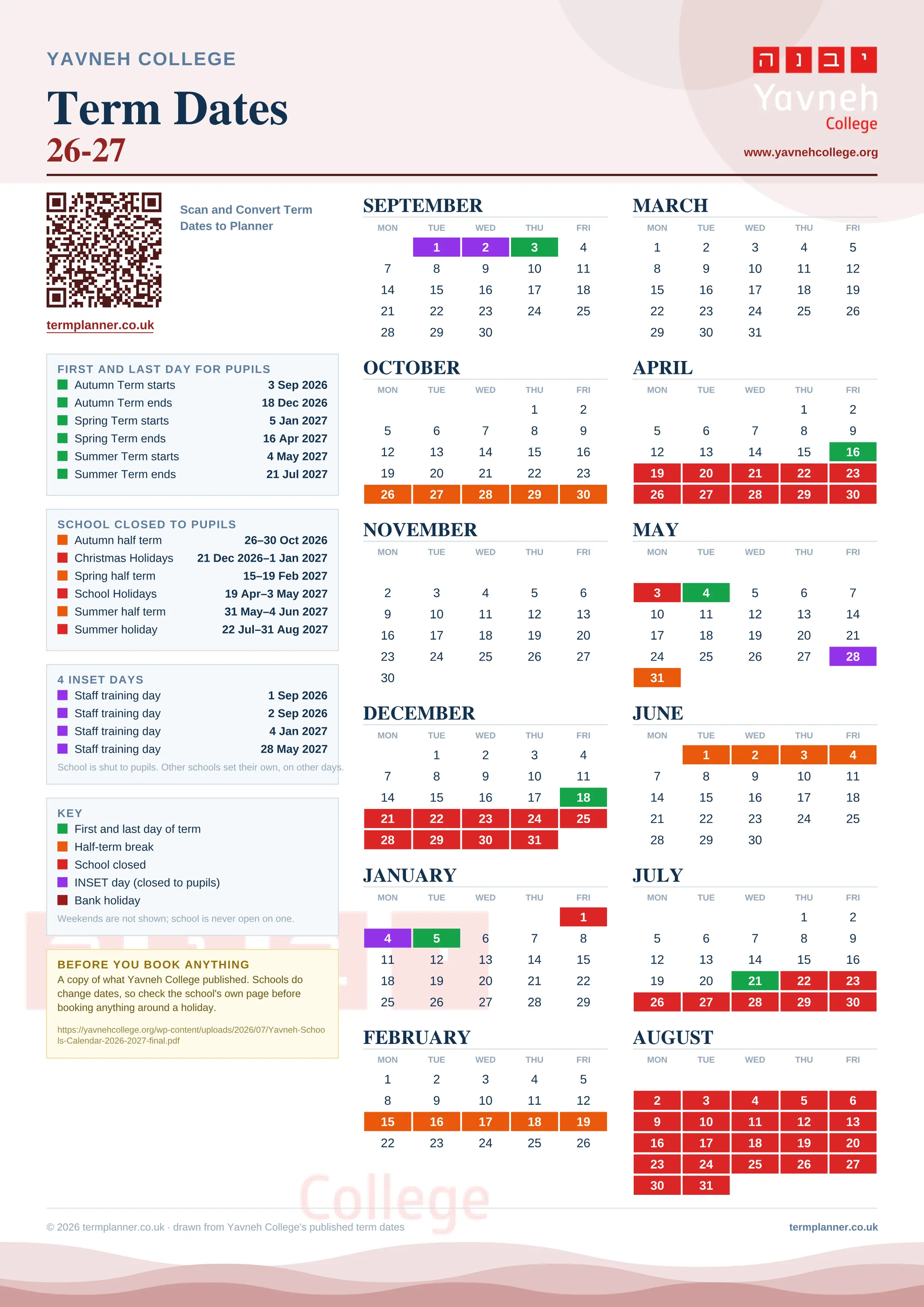 Yavneh College’s 2026/27 school year drawn as one sheet: twelve month grids from September to August, Monday to Friday, with autumn term 3 September to 18 December 2026, spring term 5 January to 16 April 2027, summer term 4 May to 21 July 2027. Half terms, holidays and bank holidays are filled in colour, the first and last day of each term is marked, 4 INSET days are picked out, and every date is listed again in words down the left.
