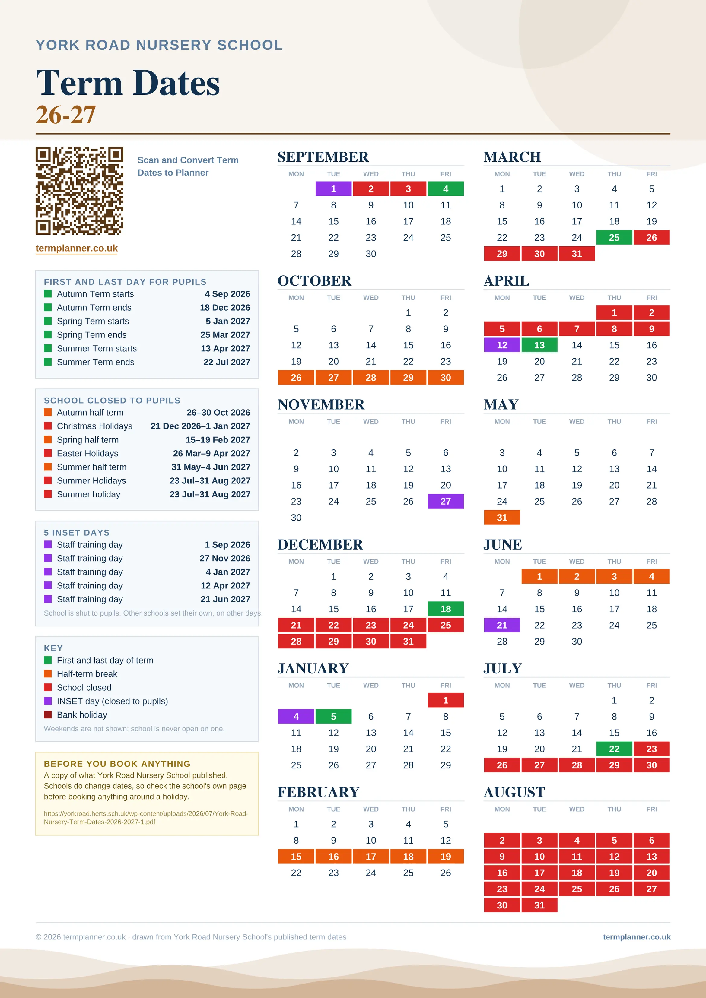 York Road Nursery School’s 2026/27 school year drawn as one sheet: twelve month grids from September to August, Monday to Friday, with autumn term 4 September to 18 December 2026, spring term 5 January to 25 March 2027, summer term 13 April to 22 July 2027. Half terms, holidays and bank holidays are filled in colour, the first and last day of each term is marked, 5 INSET days are picked out, and every date is listed again in words down the left.