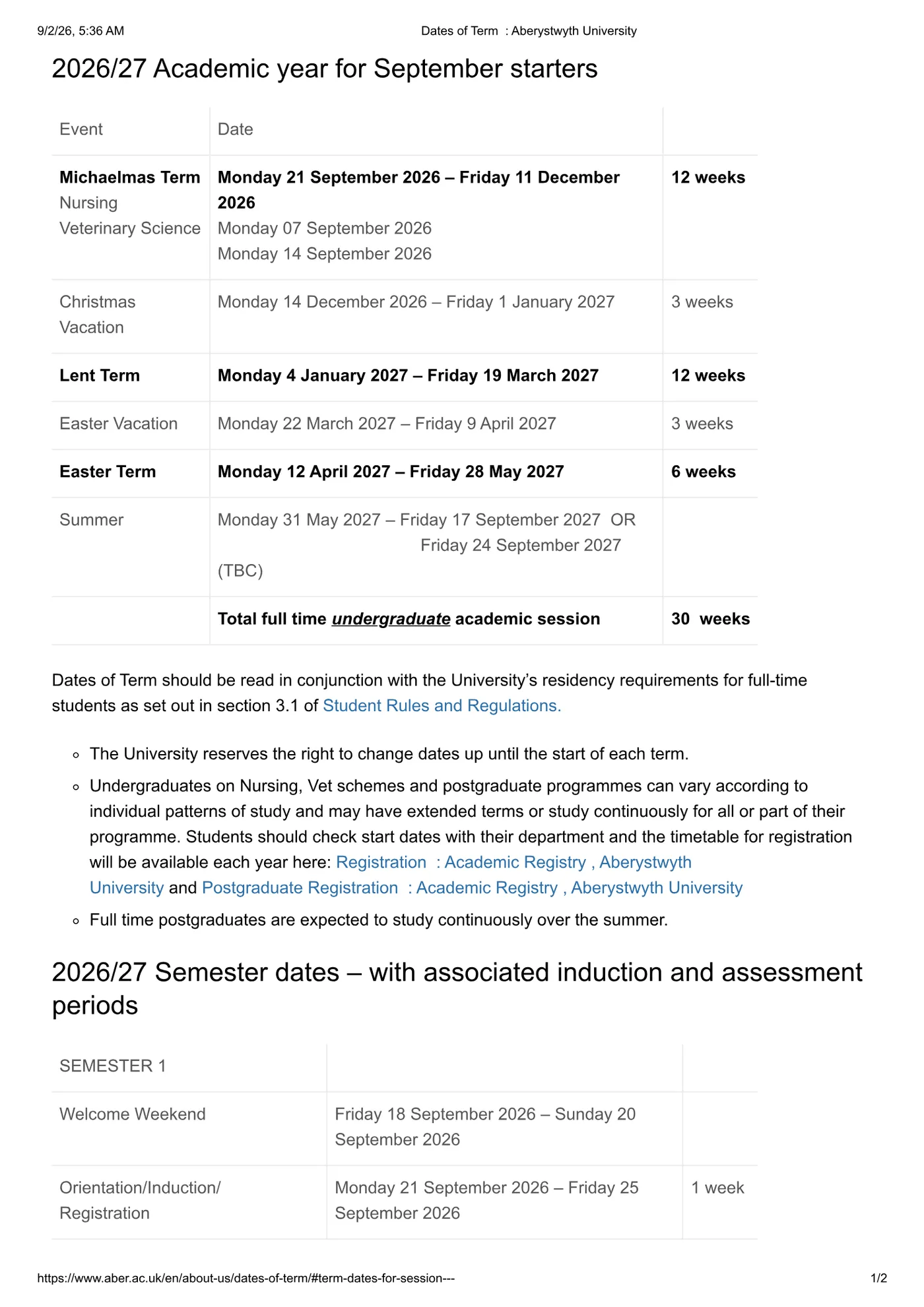 Aberystwyth University’s own published term dates for 2026/27, scanned from the calendar it issued, page 1 of 2, as published at aber.ac.uk