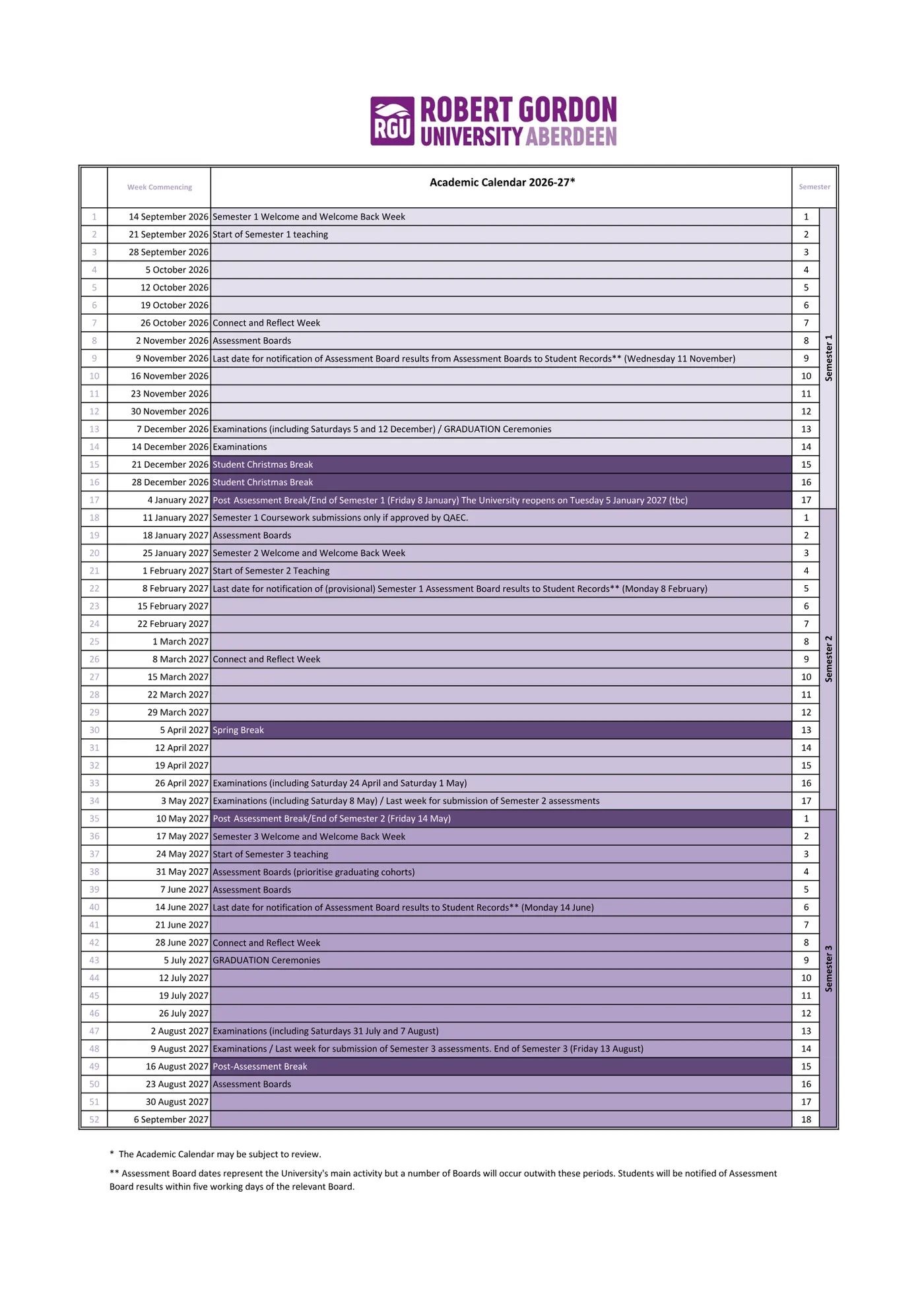 Robert Gordon University’s own published term dates for 2026/27, scanned from the calendar it issued, as published at rgu.ac.uk