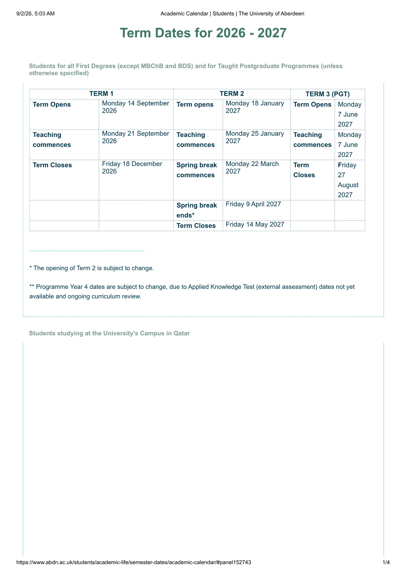 University of Aberdeen’s own published term dates for 2026/27, scanned from the calendar it issued, page 1 of 4, as published at abdn.ac.uk