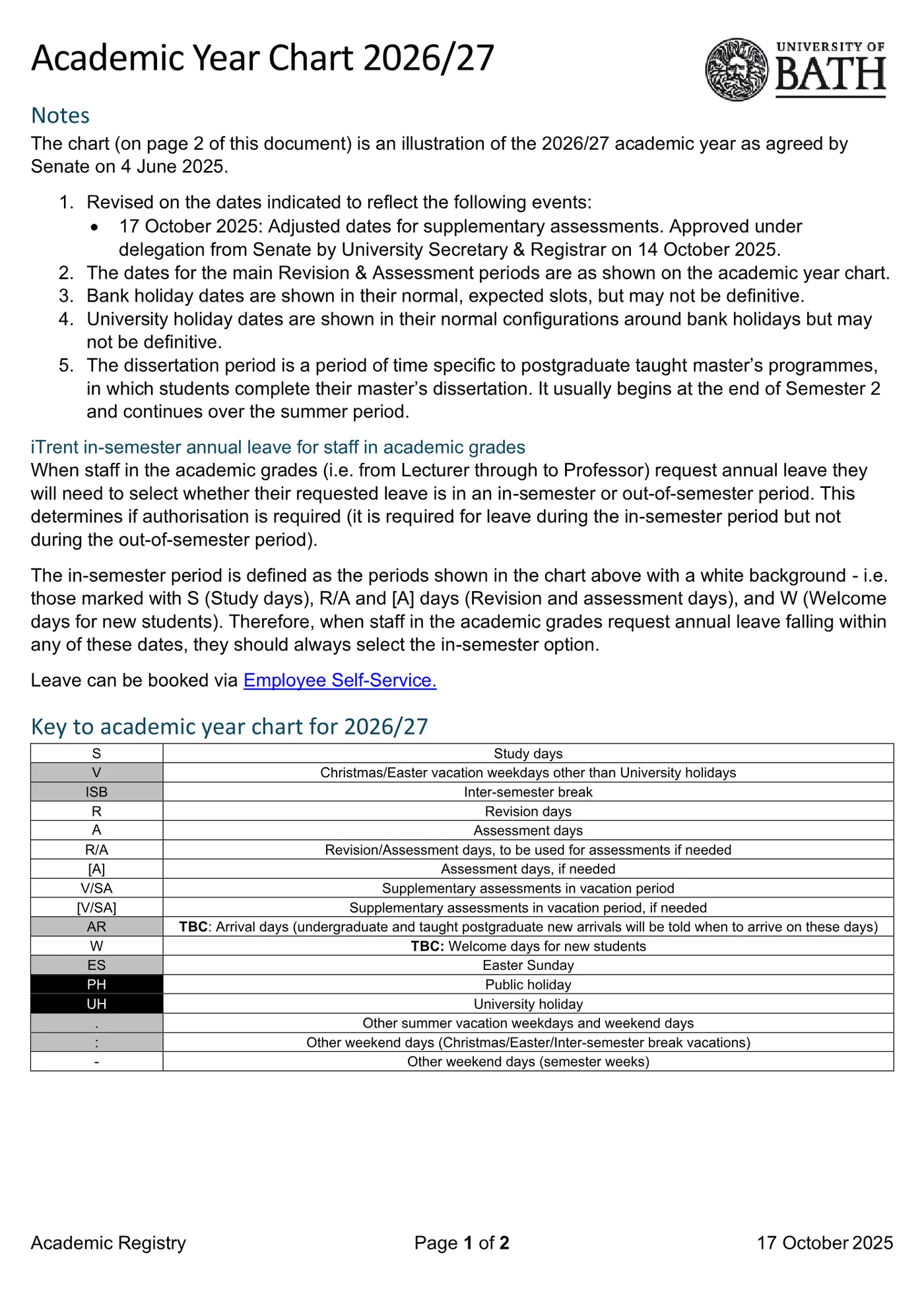 University of Bath’s own published term dates for 2026/27, scanned from the calendar it issued, page 1 of 2, as published at bath.ac.uk