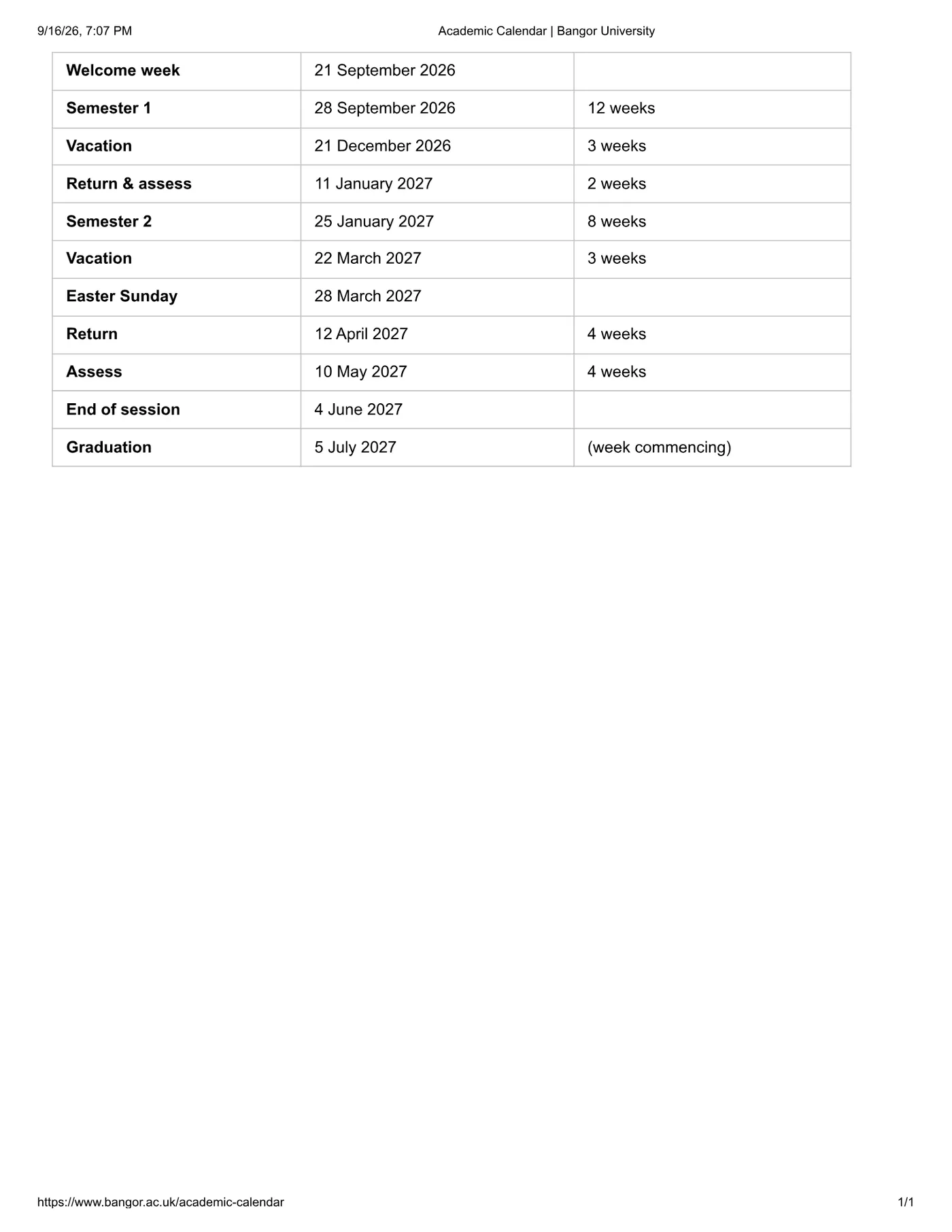 Bangor University’s own published term dates for 2026/27, scanned from the calendar it issued, as published at bangor.ac.uk