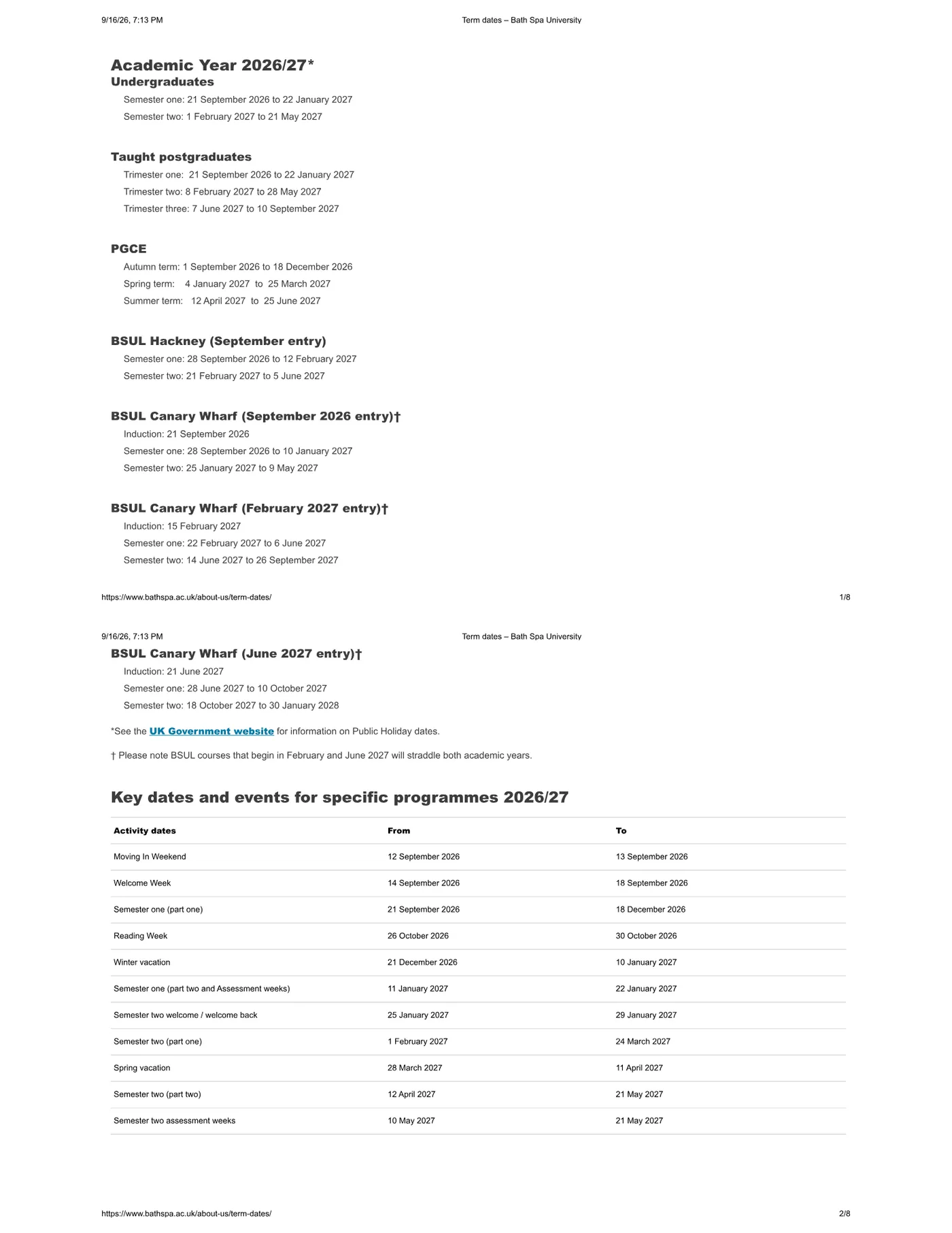 Bath Spa University’s own published term dates for 2026/27, scanned from the calendar it issued, page 1 of 4, as published at bathspa.ac.uk
