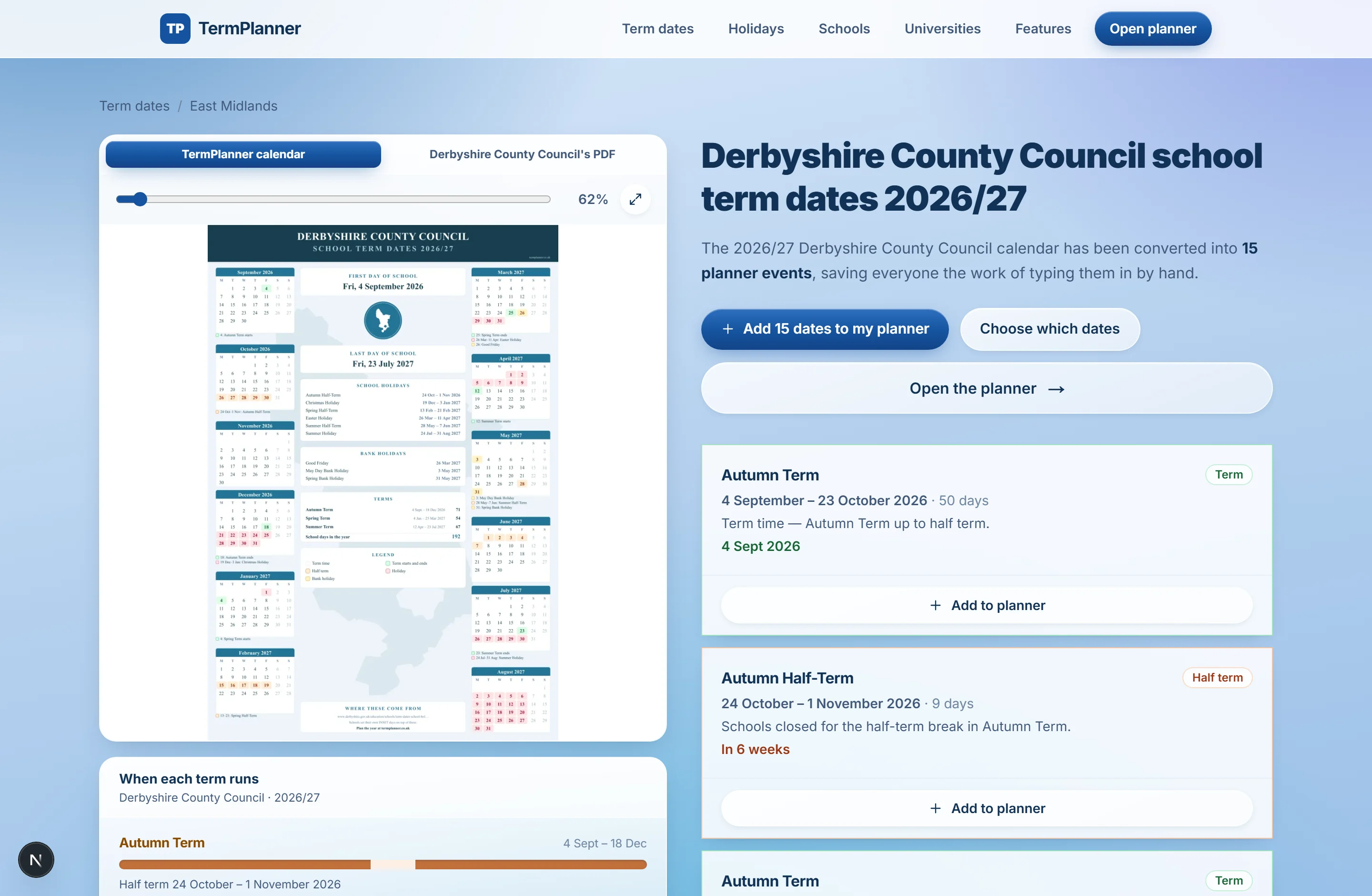A council's term-dates page, with the year drawn as a calendar and every term, half term and holiday listed underneath.
