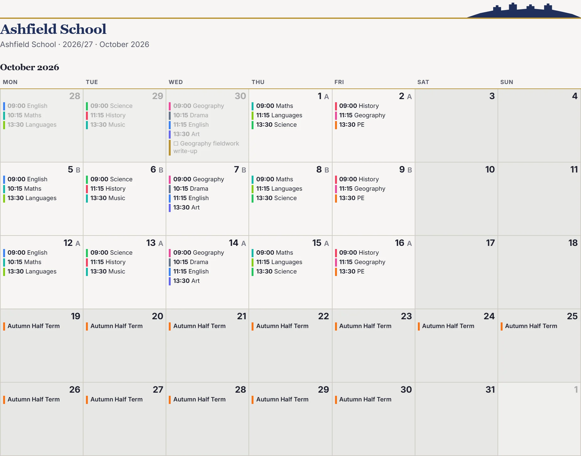 A printed month on the Edinburgh paper, with the school's lessons on each weekday.