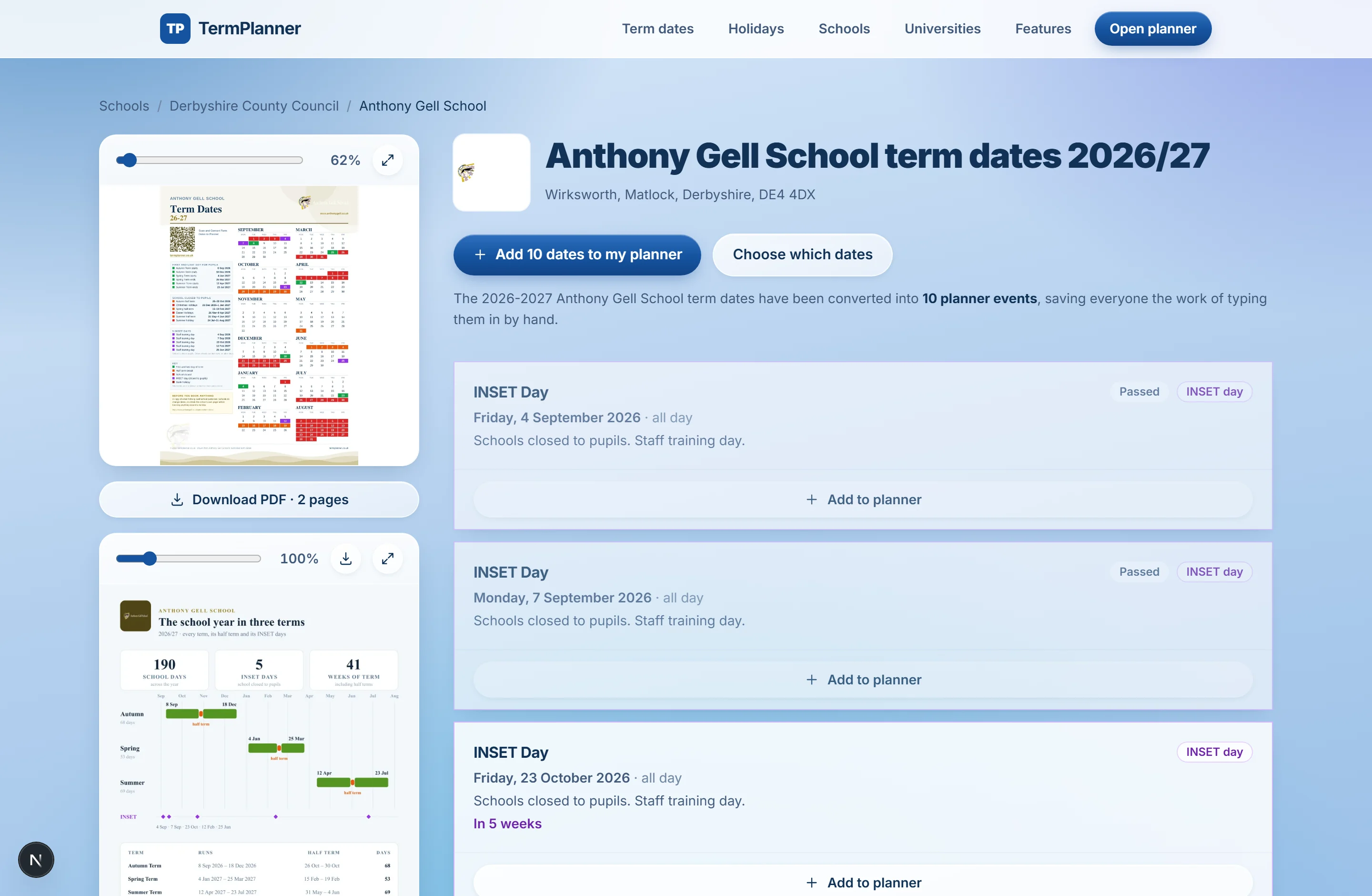 A school's term-dates page: the year drawn as a calendar sheet, a term chart beside it, and every date listed with the source it was read from.