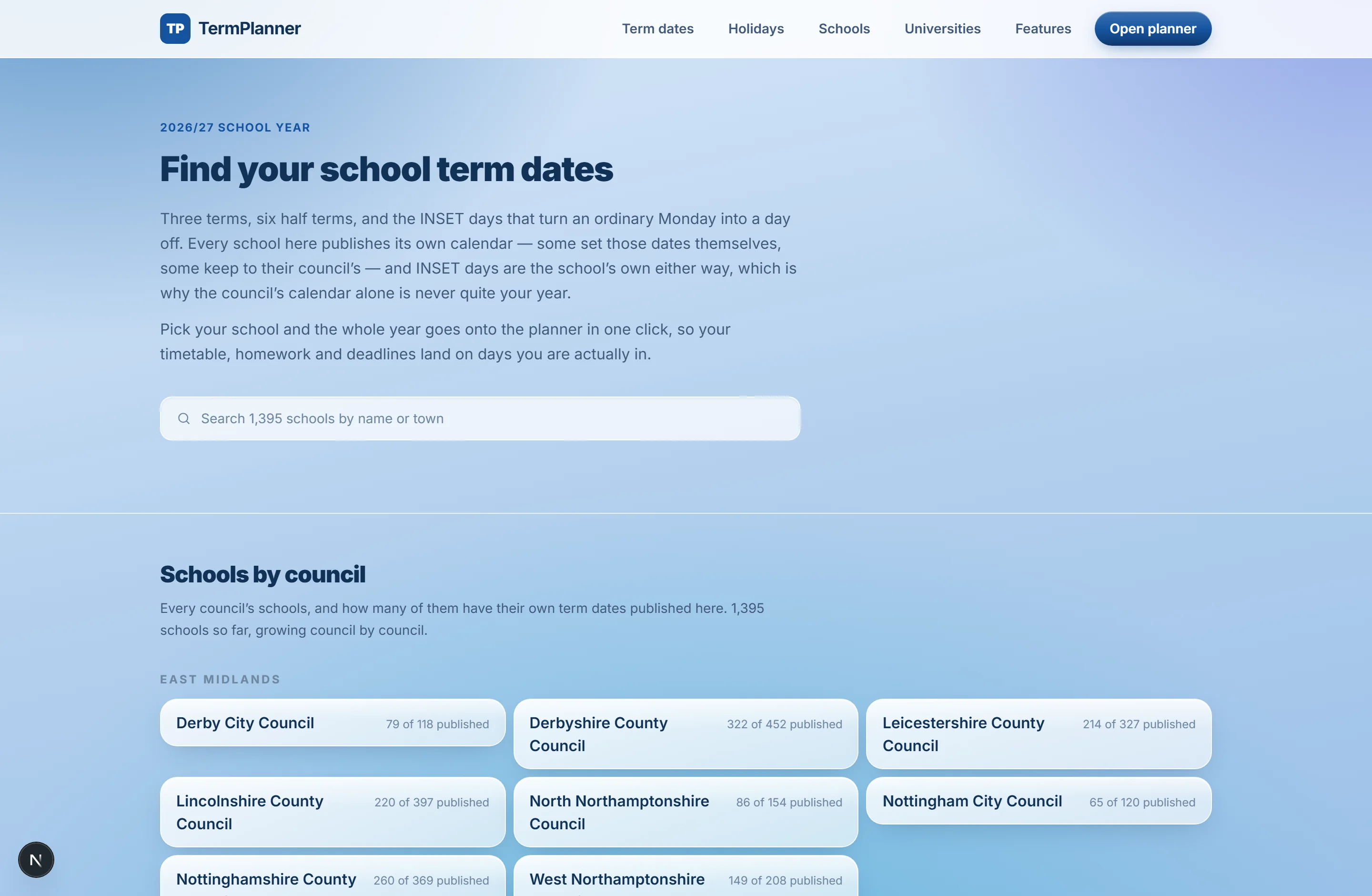 The schools index: a search box above every council listed by region, each with how many of its schools are published.